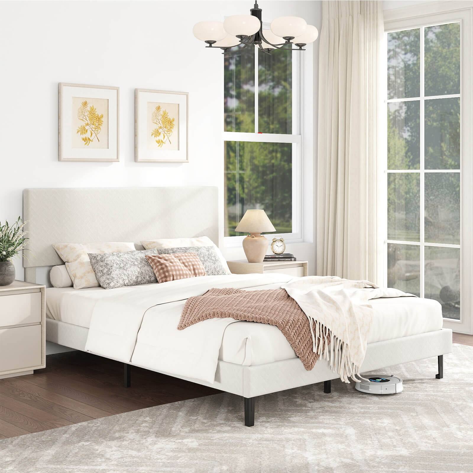 Alt View 1. Costway - Costway Queen Size Velvet Bed Frame with Height Adjustable Chevron Headboard,Noise Free - Beige.