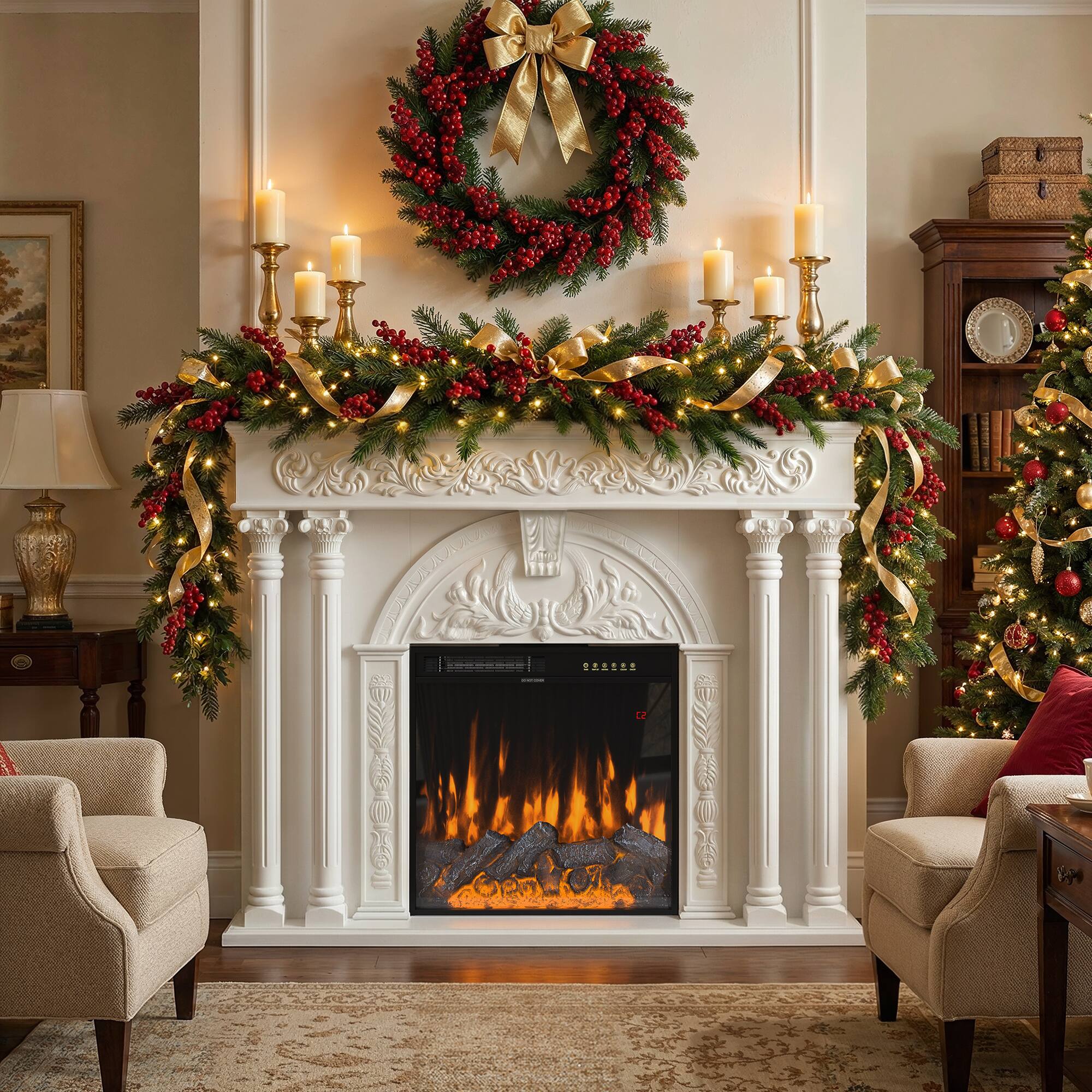 Angle. Homsee - Farmhouse Electric Fireplace Mantel Cabinet with Solid Wood Columns, 1500W Heater, Flame Effects for Living Room - Wihte & Black.