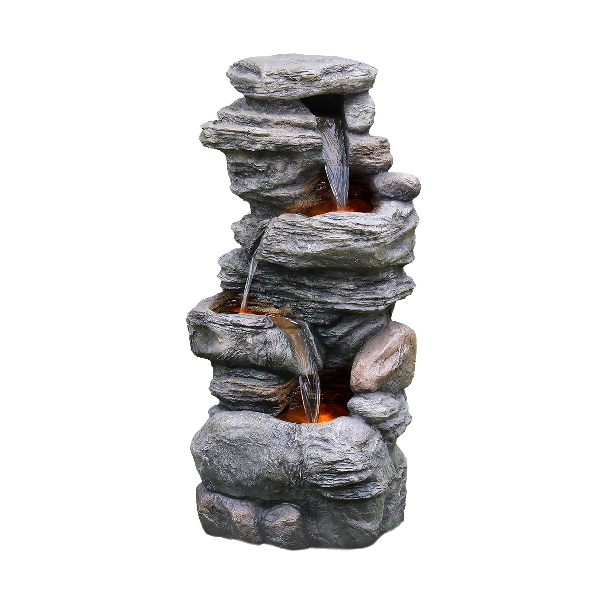 Angle. Teamson Home - Teamson Home 39.37" Outdoor Faux Stone 4-Tier Water Fountain with LED, Gray.