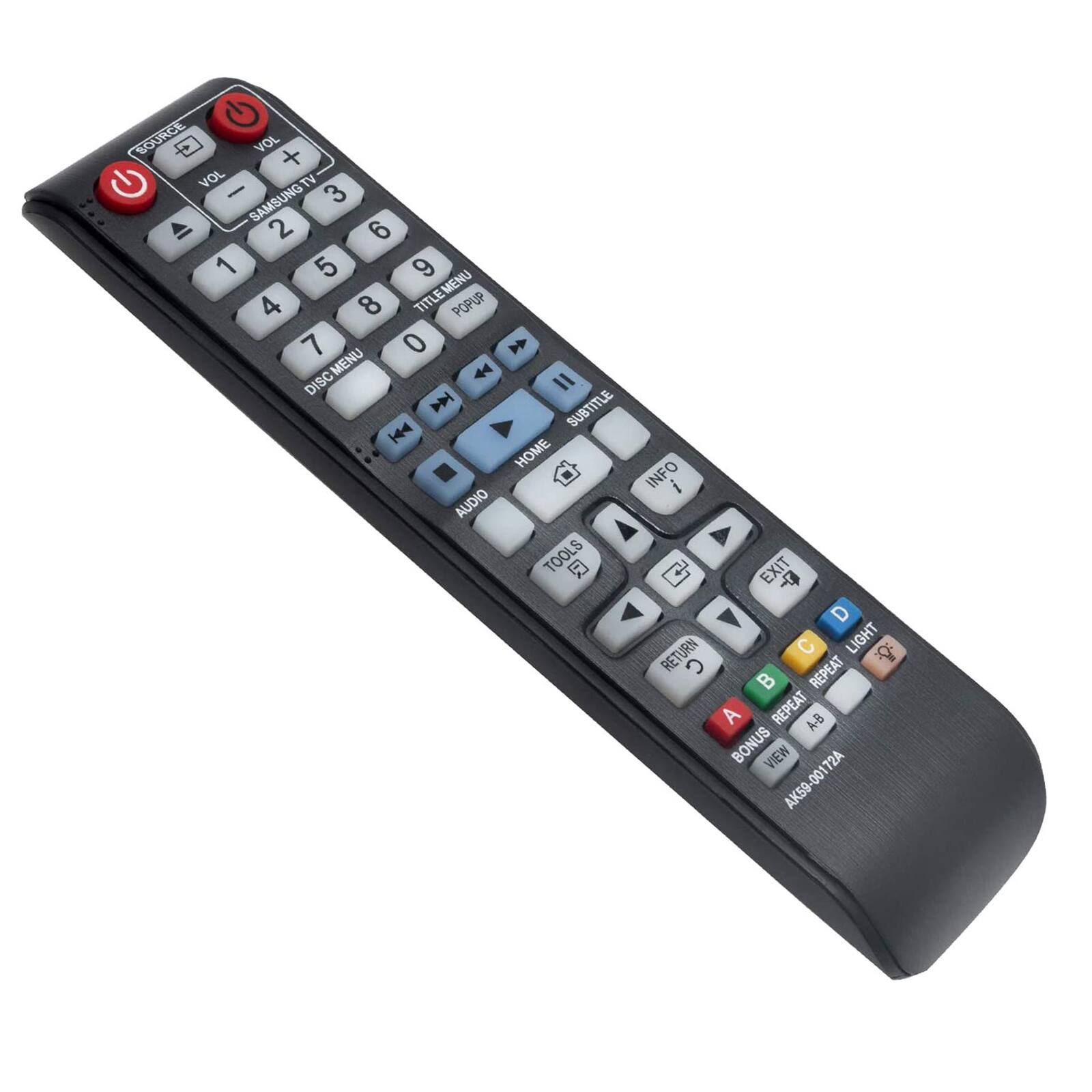 SOURCE VOL + G VOL I TV SAMSUNG 3 2 6 1 5 9 MENU 4 8 TITLEMENU TITLE POPUP 7 0  MENU 44 DISC II M SUBTITLE K4 HOME AUDIO TOOLS  INFO i EXIT  D RETURN C LIGHT  C REPEAT B A REPEAT A-B BONUS VIEW 72A AK59-00172A 001 AK59