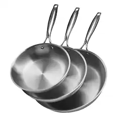 Front. VEVOR - Tri-Ply Stainless Steel Frying Pan Set, 3 Sizes (8, 10, 12 in), Skillet with Heat-Resistant Handle, Versatile Cookware - Silver.
