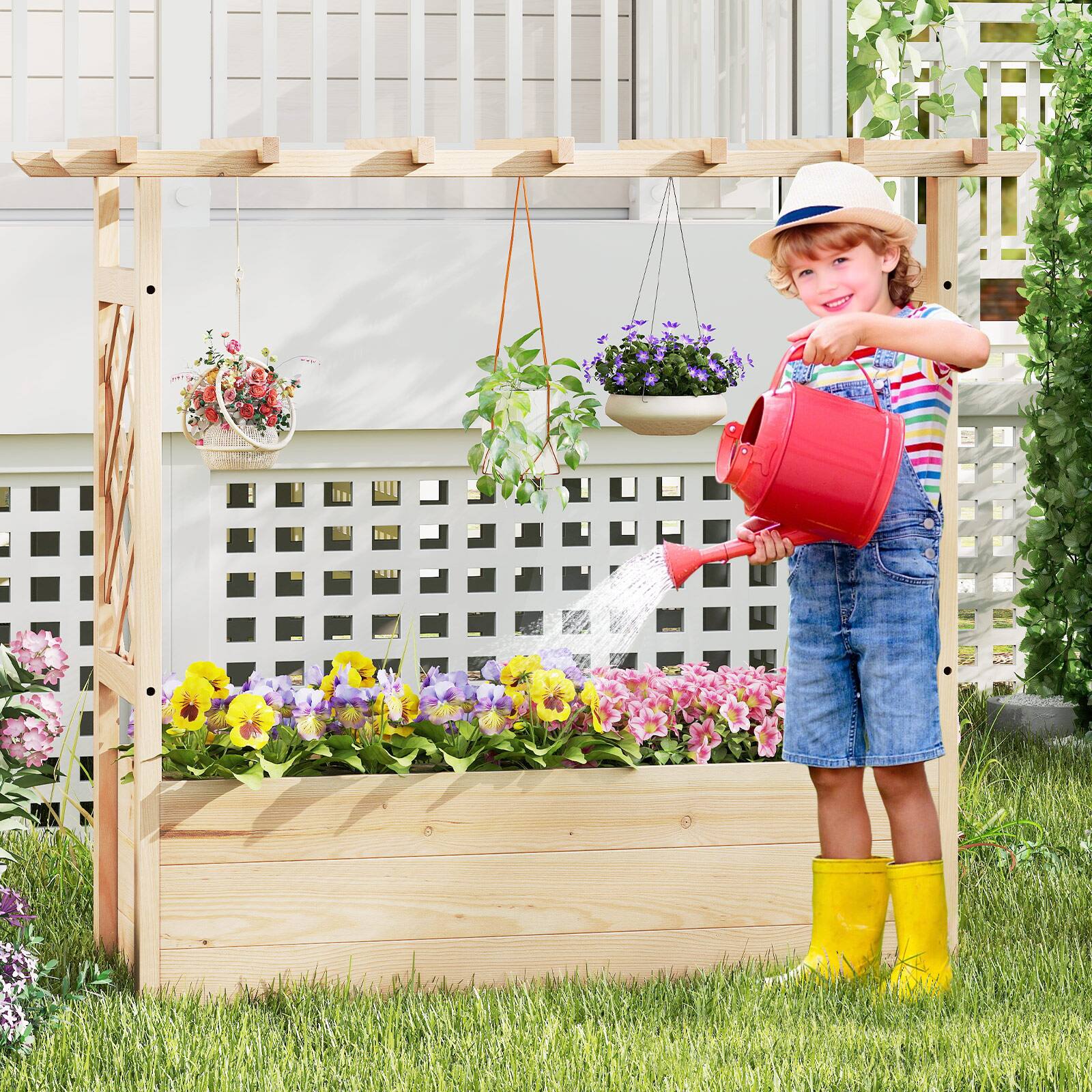 Alt View 3. Gymax - Gymax Wooden Raised Garden Bed/ Lattice Trellises Hanging Roof Drainage Indoor Outdoor - Natural.