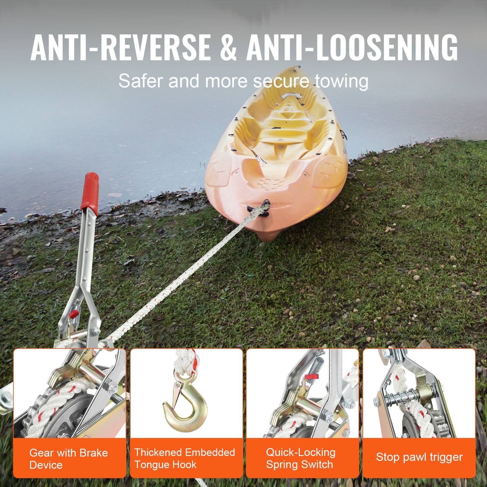 ANTI-REVERSE & ANTI-LOOSENING  
Safer and more secure towing  

- Gear with Brake Device  
- Thickened Embedded Tongue Hook  
- Quick-Locking Spring Switch  
- Stop pawl trigger