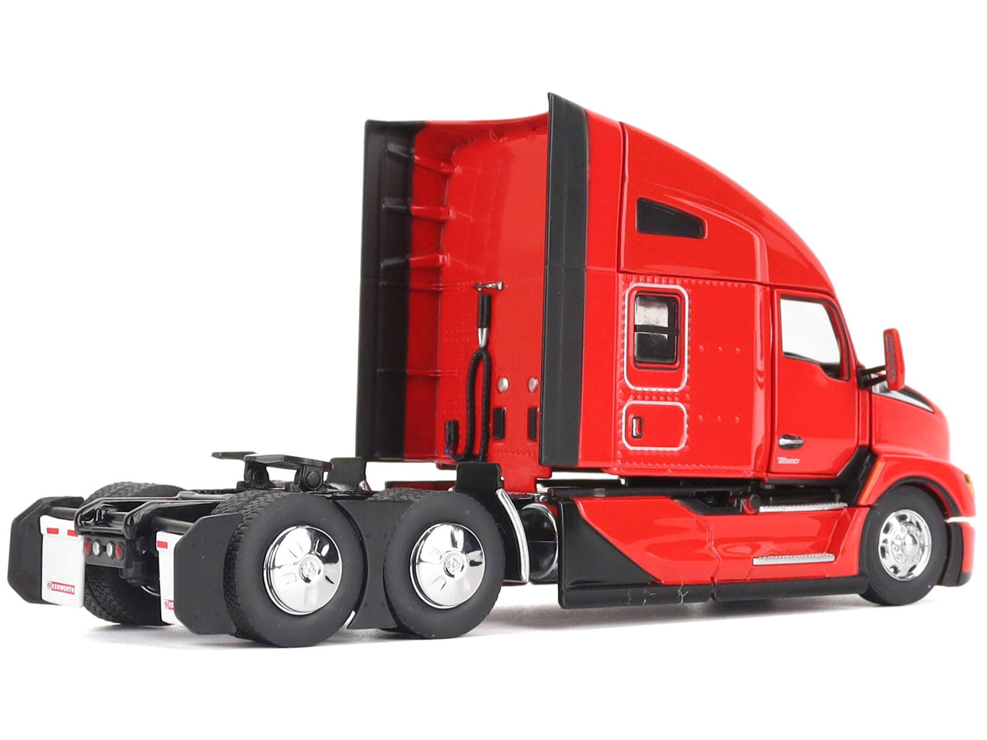 Left. Diecast Masters - Kenworth T680 76" High Roof Sleeper Cab Truck Tractor Viper Red "Transport Series" 1/50 Diecast Model by Diecast Masters - Red.