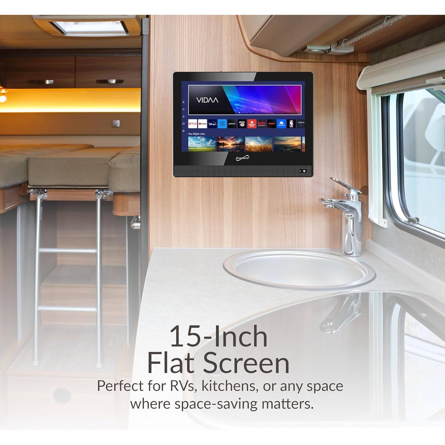 AVIDAA 4 - - - - a tubs - - nia ... 15-Inch Flat Screen Perfect for RVs, kitchens, or any space where space-saving matters.