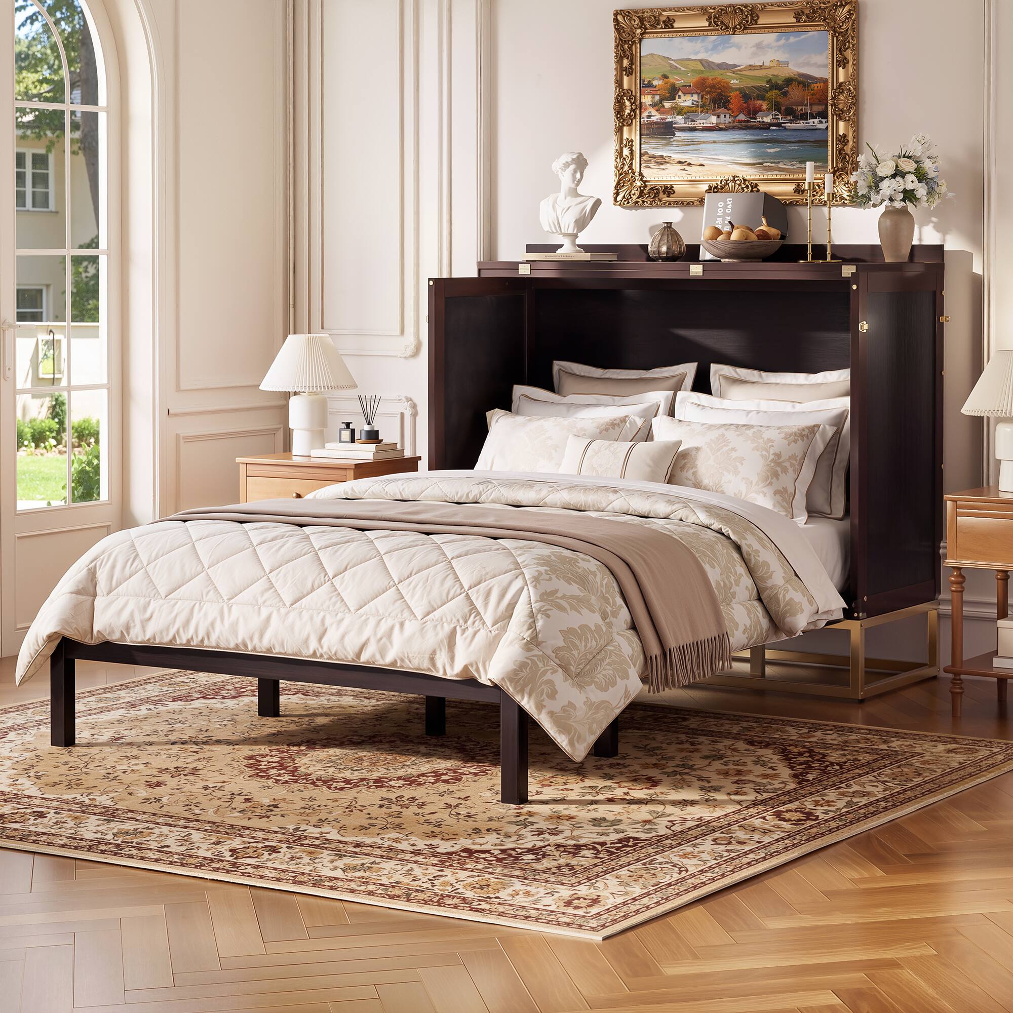 Front. Whisen - Queen Size Murphy Bed with Decorative Wooden Cabinet Design,Faux Drawers and Elegant Metal Legs - Espresso.