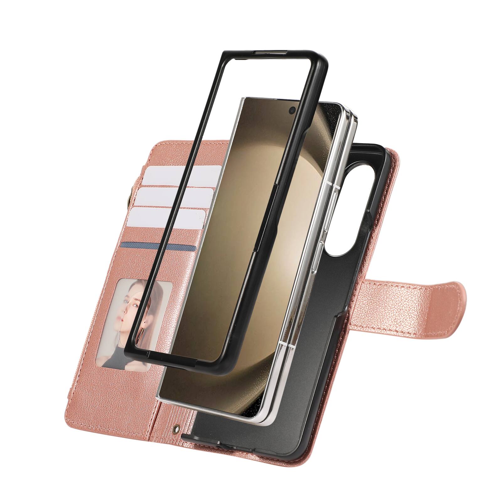 Angle. Dteck - Crossbody Wallet Case for Samsung Galaxy Z Fold7 with Zipper Pocket, Premium Shockproof PU Leather TPU Protective Cover - Rosegold.