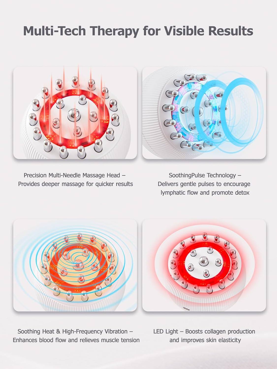 Multi-Tech Therapy for Visible Results

- Precision Multi-Needle Massage Head  
  Provides deeper massage for quicker results

- SoothingPulse Technology  
  Delivers gentle pulses to encourage lymphatic flow and promote detox

- Soothing Heat & High-Frequency Vibration  
  Enhances blood flow and relieves muscle tension

- LED Light  
  Boosts collagen production and improves skin elasticity
