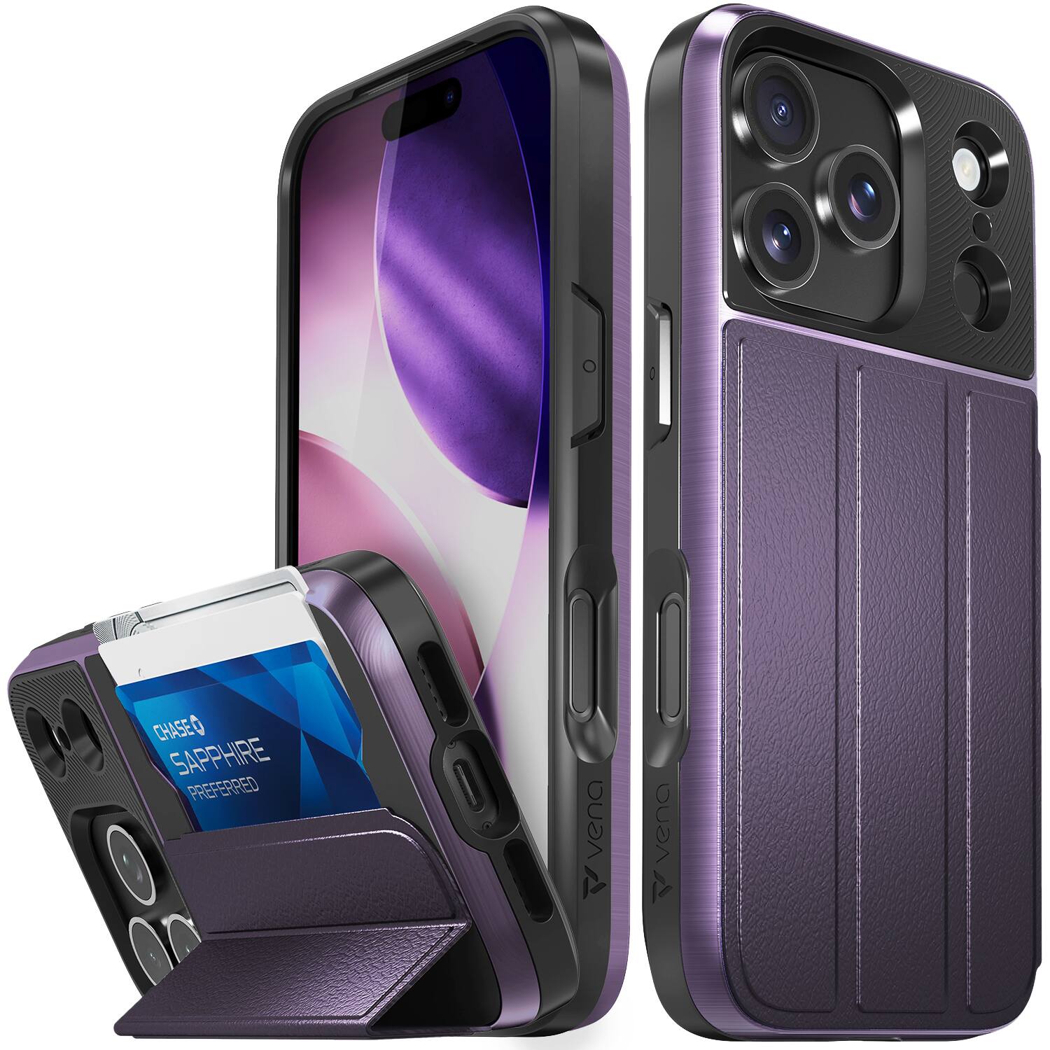 Vena - vCommute For Apple iPhone 17 Pro Case Wallet, Leather Stand Card Holder Military Grade Drop Protection - Purple