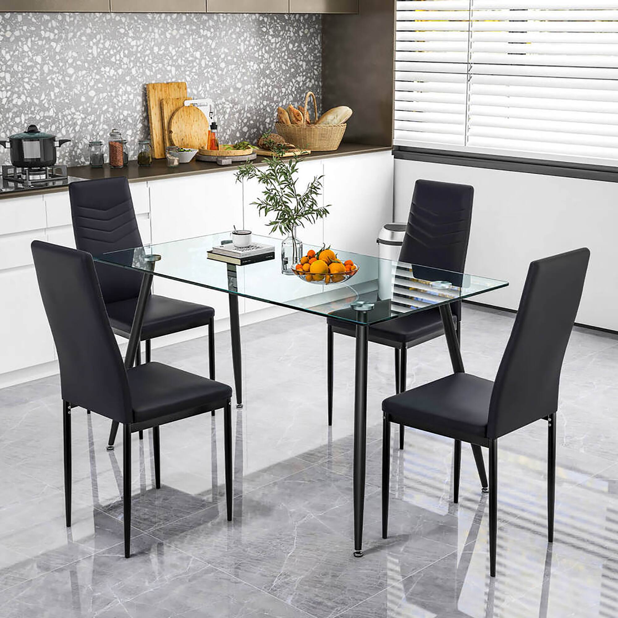 Alt View 1. Gymax - Gymax 5 PCS 51'' Rectangle Dining Set 0.3'' Thick Glass Table w/ 4 Padded Dining Chairs - Black.