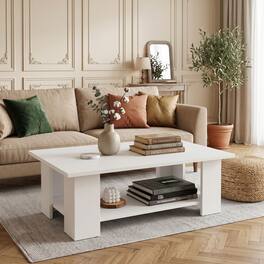 WELLFOR - 41" 2-tier Wooden Modern Coffee Table with Storage Shelf, Rectangle Accent Center Table for Living Room - White