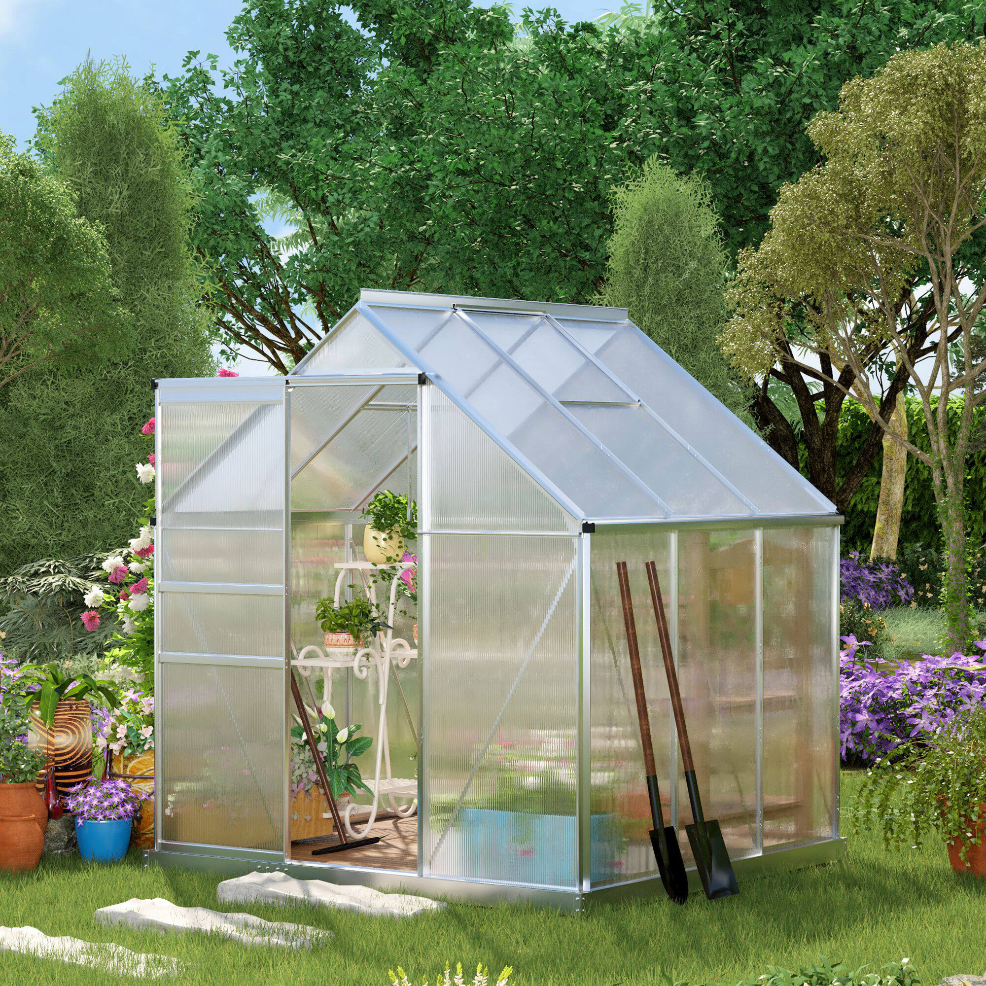 Alt View 1. Outsunny - 6' x 6' Aluminum Greenhouse, Polycarbonate Walk-in Garden Greenhouse Kit with Adjustable Roof Vent.