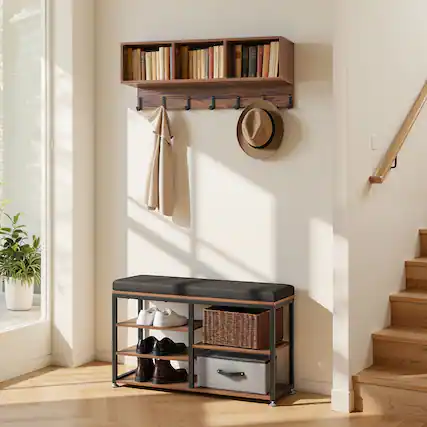 Front. VEVOR - Coat Rack with Shoe Bench, 3-in-1 Shoe Coat Rack Combo Set with Hooks and Bookshelf, Steel Frame Hall Tree Entrance - Brown.