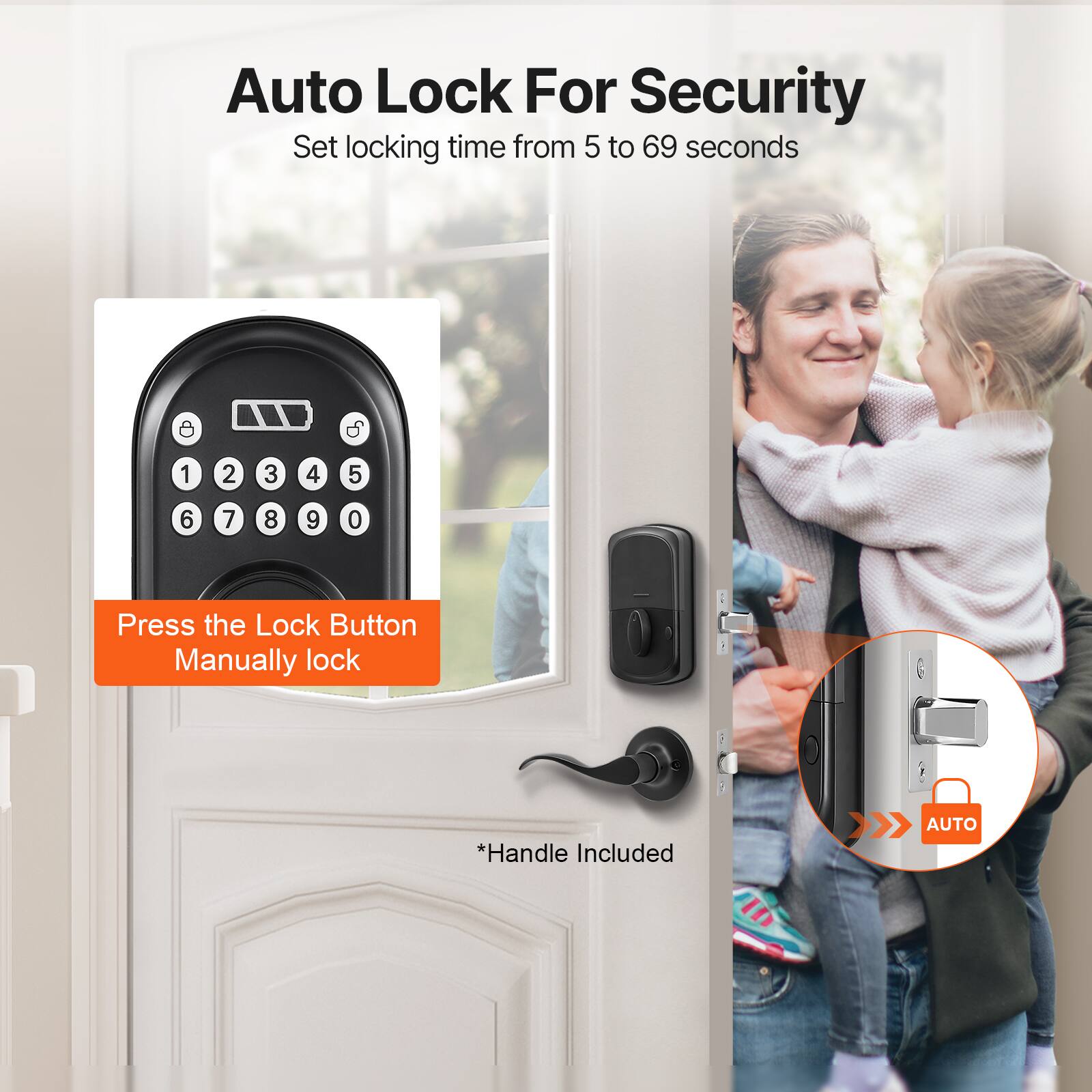 Auto Lock For Security  
Set locking time from 5 to 69 seconds  

Press the Lock Button  
Manually lock  

*Handle Included  

AUTO