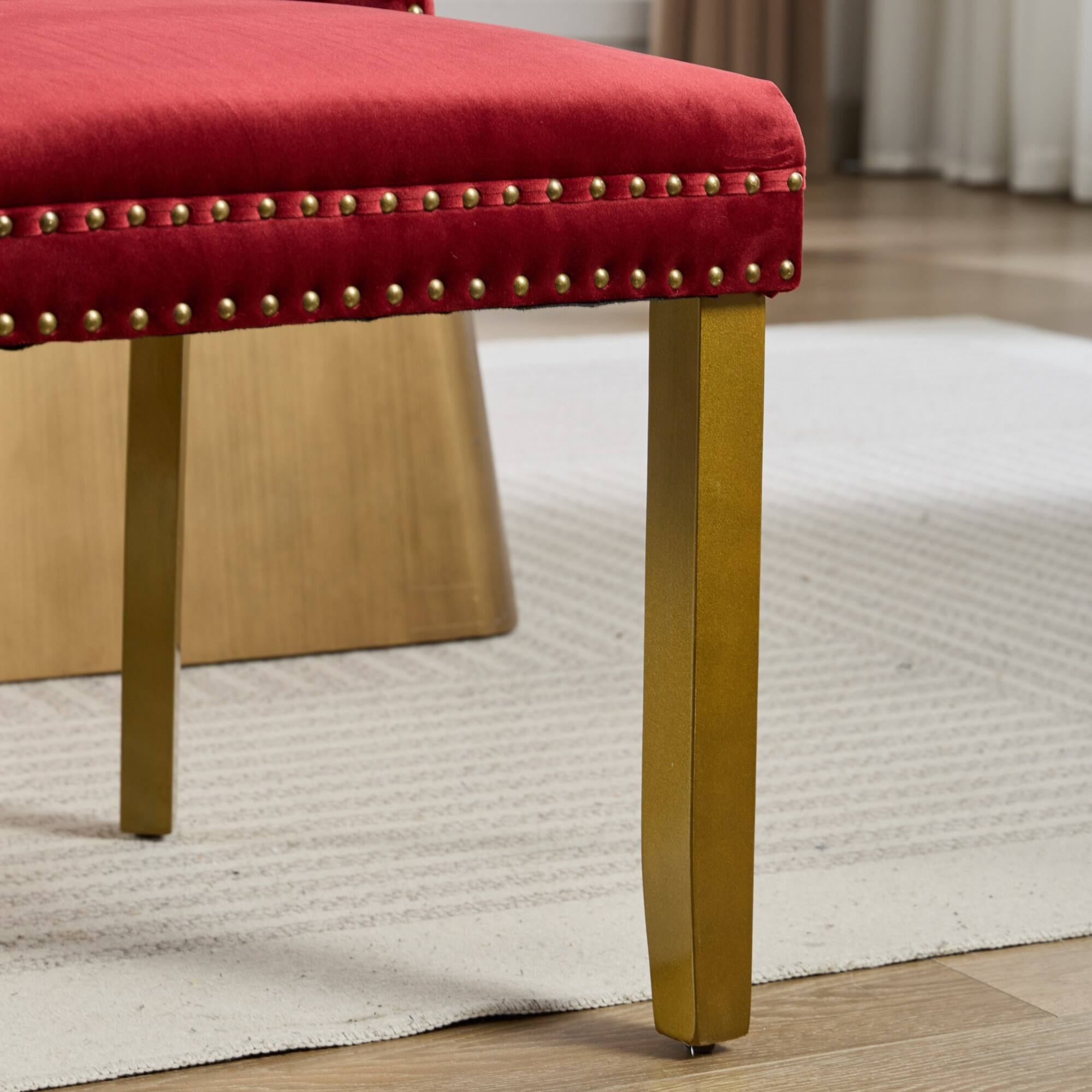 Alt View 9. GOODSILO - Modern Tufted Velvet Dining Chairs with Lion Head Pull Rings and Golden Wooden Legs, Set of 2 - Wine Red.