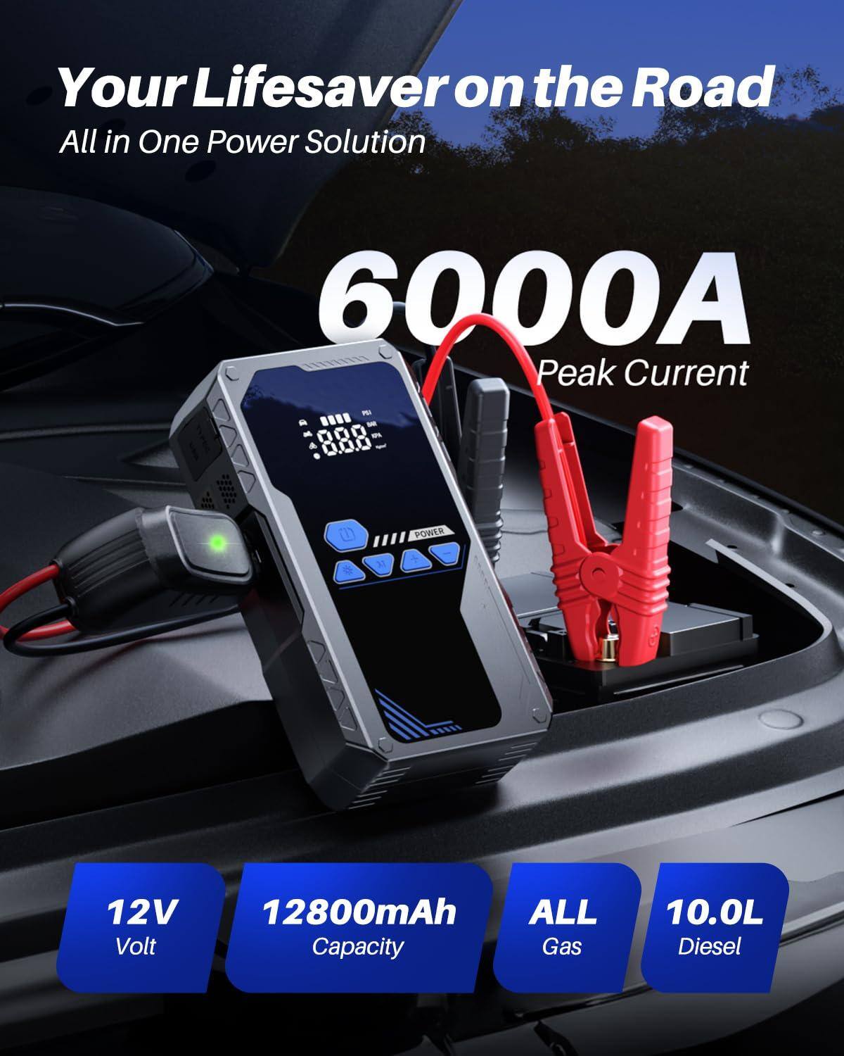 Your Lifesaver on the Road  
All in One Power Solution  

6000A Peak Current  

12V Volt  
12800mAh Capacity  
ALL Gas  
10.0L Diesel