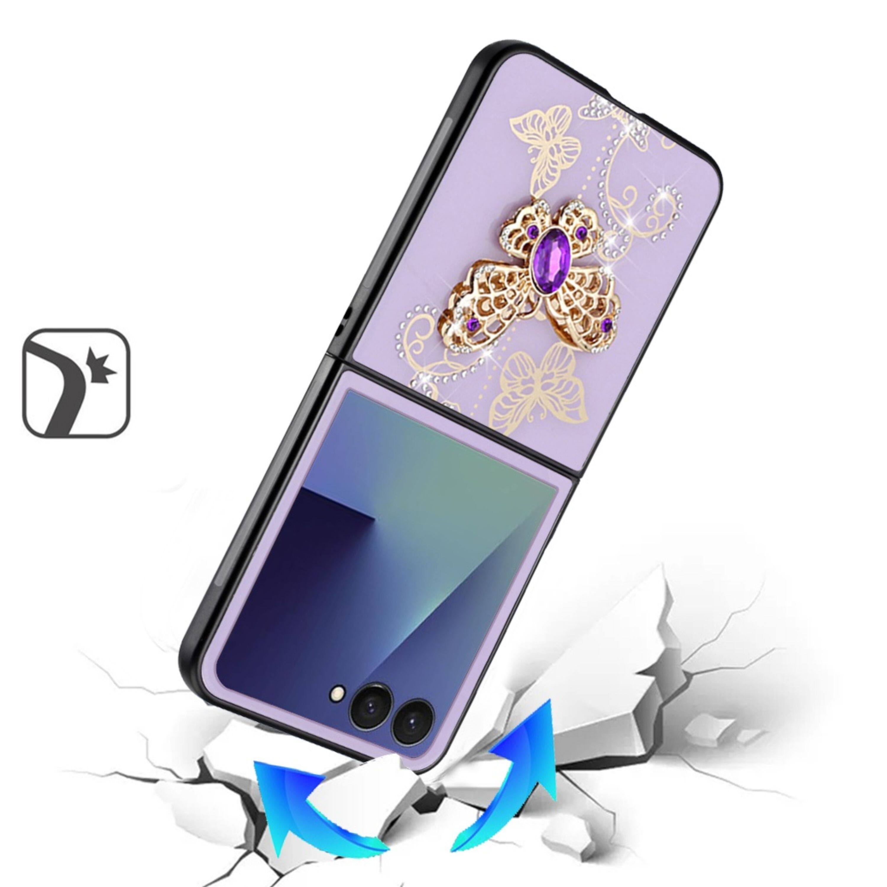 Left. Kitcheniva - Rhinestone Glitter Cover Case With Tempered Glass For Samsung Z Flip7 Butterflies Purple - Garden Butterflies Purple.