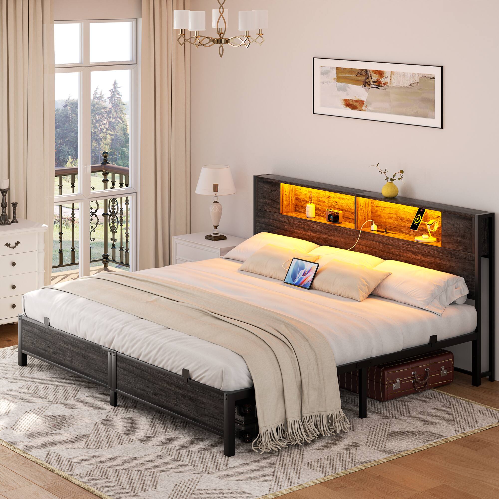 Alt View 3. Aheaplus - Industrial Metal Bed Frame: Storage Headboard / Charging, LED Lights, Steel Slats, No Box Spring, Easy Assembly - Black Oak.