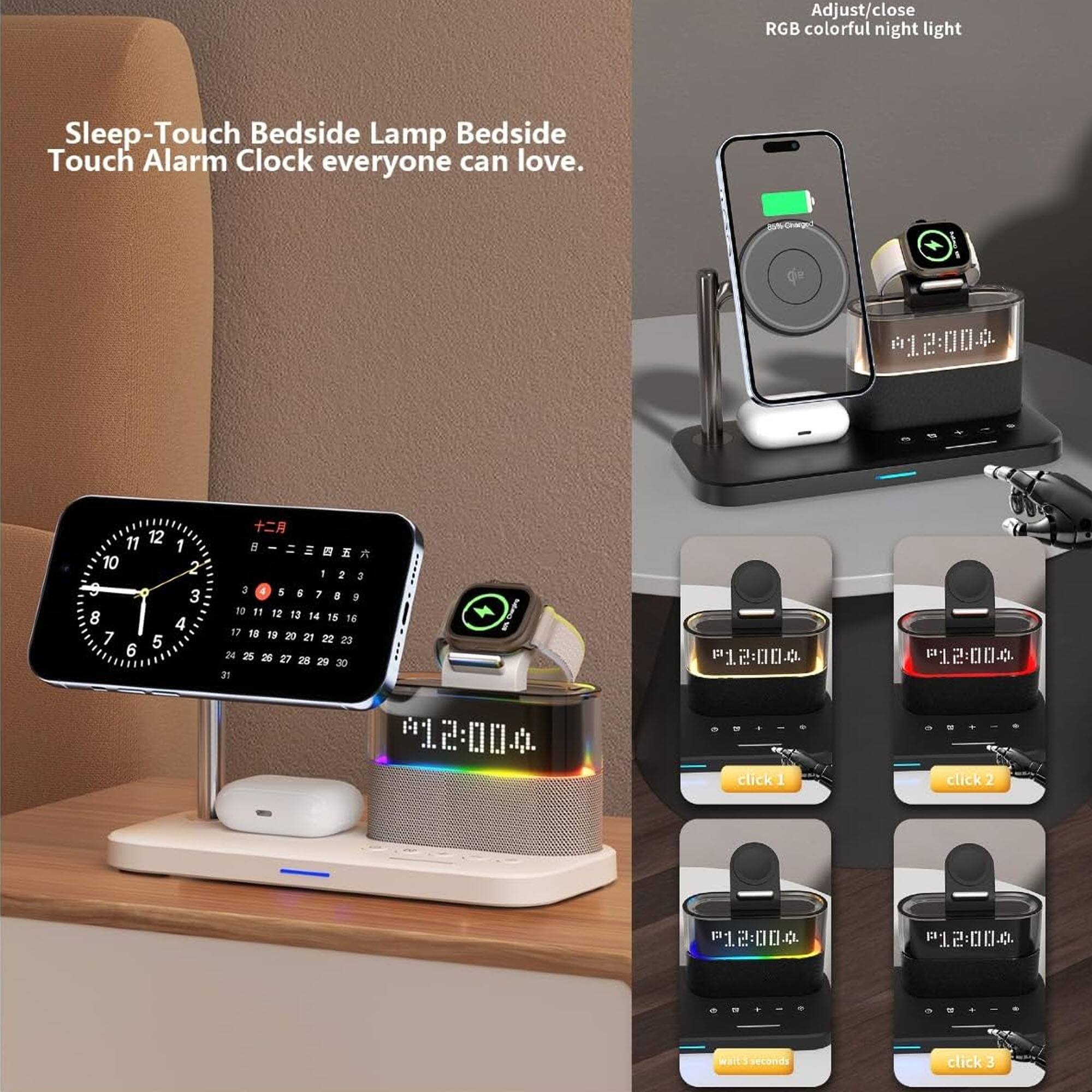 Sleep-Touch Bedside Lamp Bedside Touch Alarm Clock everyone can love.

Adjust/close RGB colorful night light

012:00-0 11 12 10 9 8 7 5 6 1 2 3 4

B I = is B E

1 2 3 3 4 & 5 7 a 9 12 "1 S 13 T4 15 16 17 FO 18 20 27 22 23 24 25 26 27 28 29 30 21 addn P12:00-O 12:00-0 012:004 click 1 ... click 2 12:00 P1 P12:00.0. waIES seconds click 3