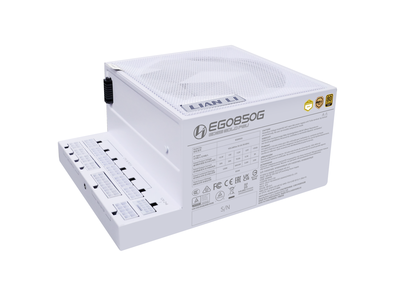 EG0850G  
LIAN LI  
600W GOLD 80+  
S/N: 805000  

Input:  
AC 100-240V~ 50/60Hz  
Max Input Current: 4.5A  

Output:  
+12V: 40A (480W)  
+5V: 2A (10W)  
+3.3V: 2A (6.6W)  
-12V: 0.3A (3.6W)  
5VSB: 2A (10W)  

Total Output: 600W  

Efficiency: 80%  

Certifications:  
FC CE EAC  

Warnings and Instructions:  
- Do not dispose of this product in household waste.  
- Do not open the case.  
- Do not immerse in water.  
- Do not expose to fire.  
- Do not use in humid or dusty environments.  
- Do not use in areas with explosive gases or dust.  
- Do not use in areas with high temperatures.  
- Do not use in areas with high humidity.  
