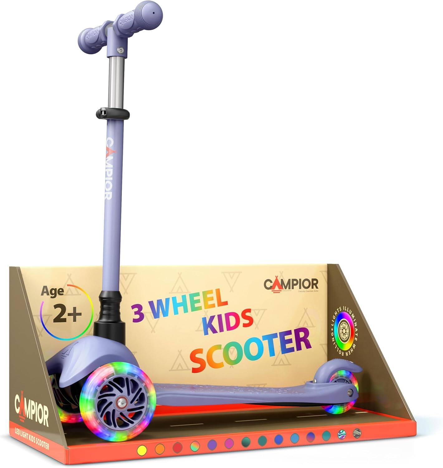 Campior - Mini 3-Wheel Kids Scooter – LED Wheels, Lean-to-Steer, Adjustable Handlebar, Anti-Slip Deck, Rear Brake, for Ages 2+ - Gray