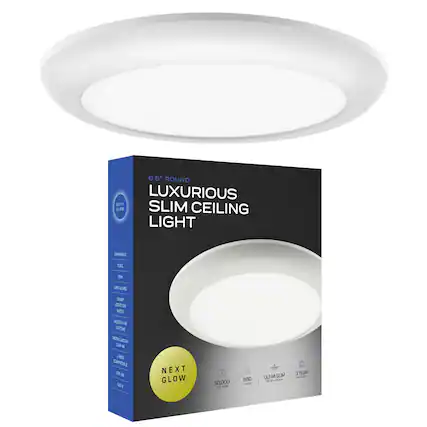 6.5" ROUND LUXURIOUS SLIM CEILING LIGHT DIMMABLE 110V LOW GLARE DAMP LOCATION 50,000 HR LIFETIME INSTALLATION CLEAN IN 3-BOX COMPATIBLE 120V NEXT GLOW 50,000 HR LIFETIME ULTRA SLIM 1100 LUMENS 3 YEAR WARRANTY