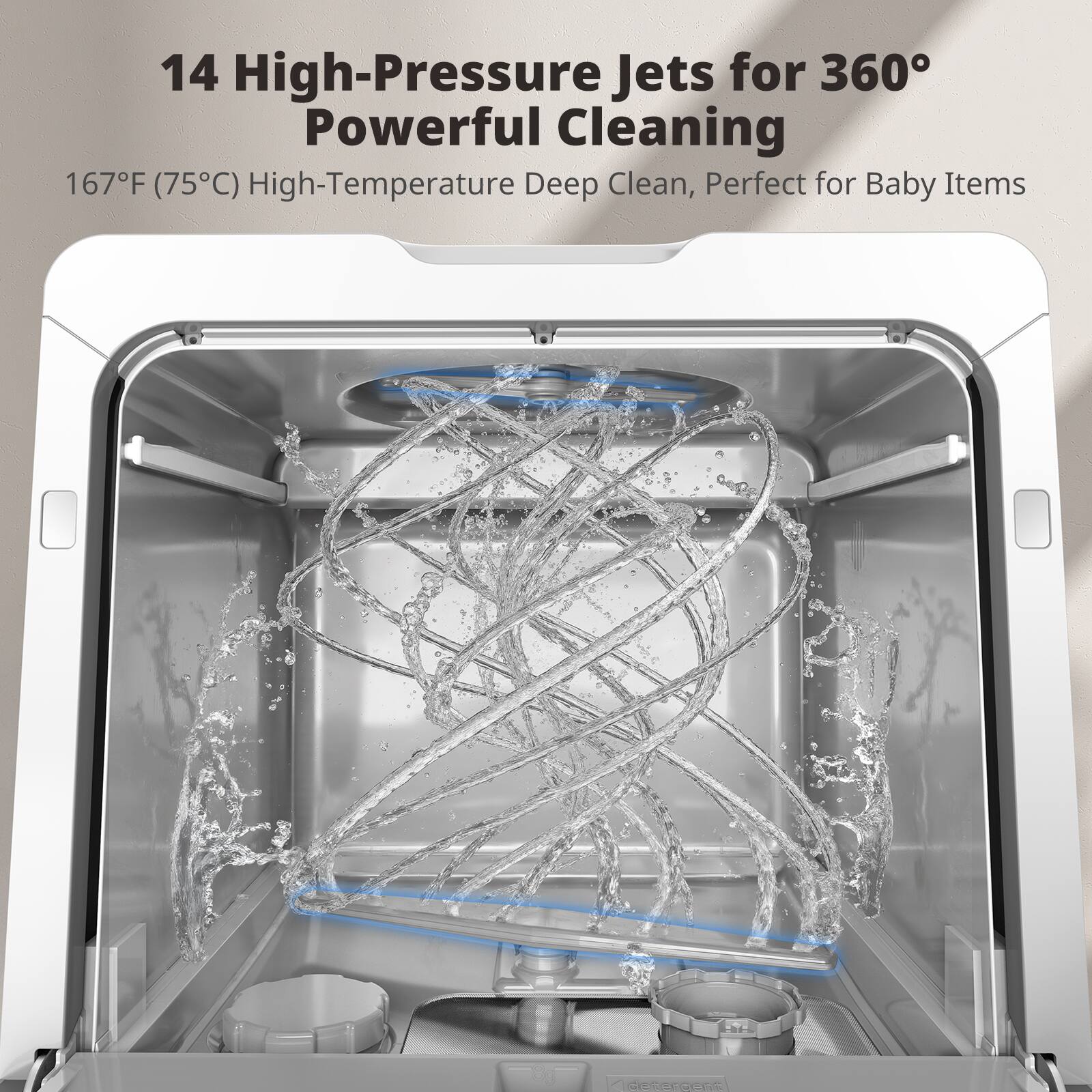 14 High-Pressure Jets for 360° Powerful Cleaning  
167°F (75°C) High-Temperature Deep Clean, Perfect for Baby Items