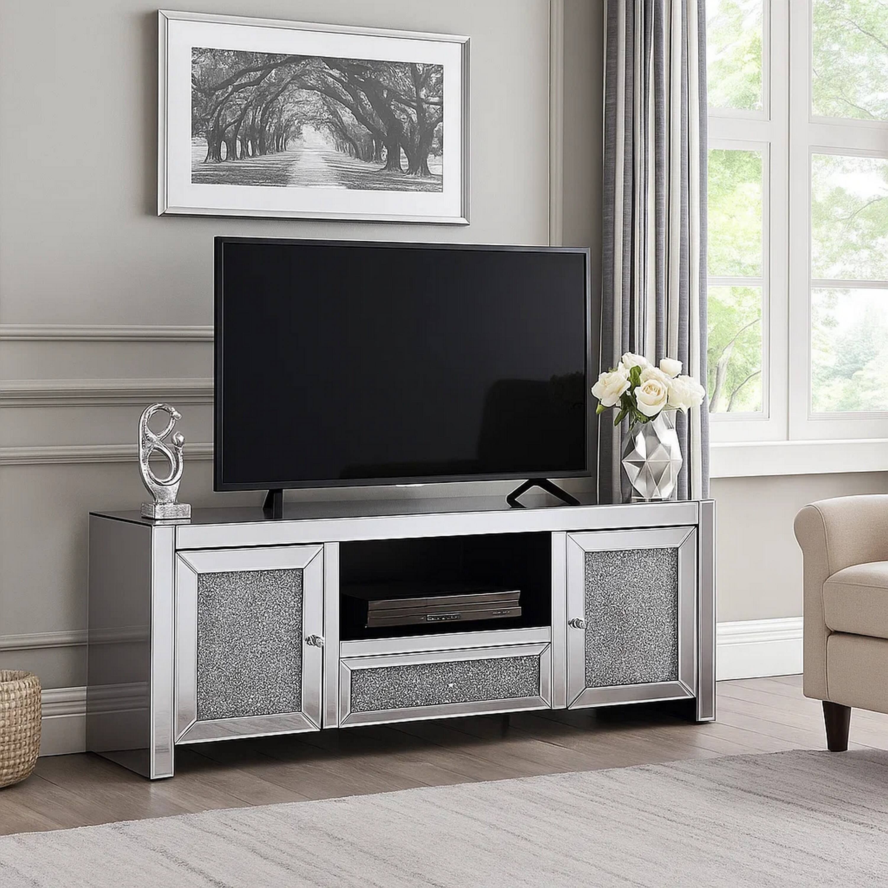 Alt View 6. Manhattan Lane - Noe 59 Inch Wood TV Entertainment Media Console, Faux Diamond Inlay - Silver.