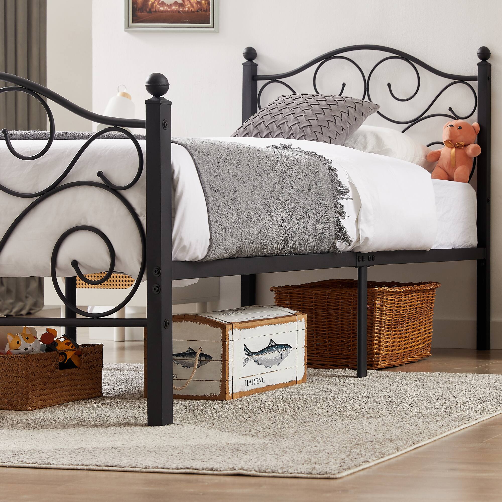 Left. Vecelo - Twin Bed Frame with Headboard & Footboard, Heavy Duty Steel Slats - No Box Spring, Easy Assembly, Dark Black - Black.