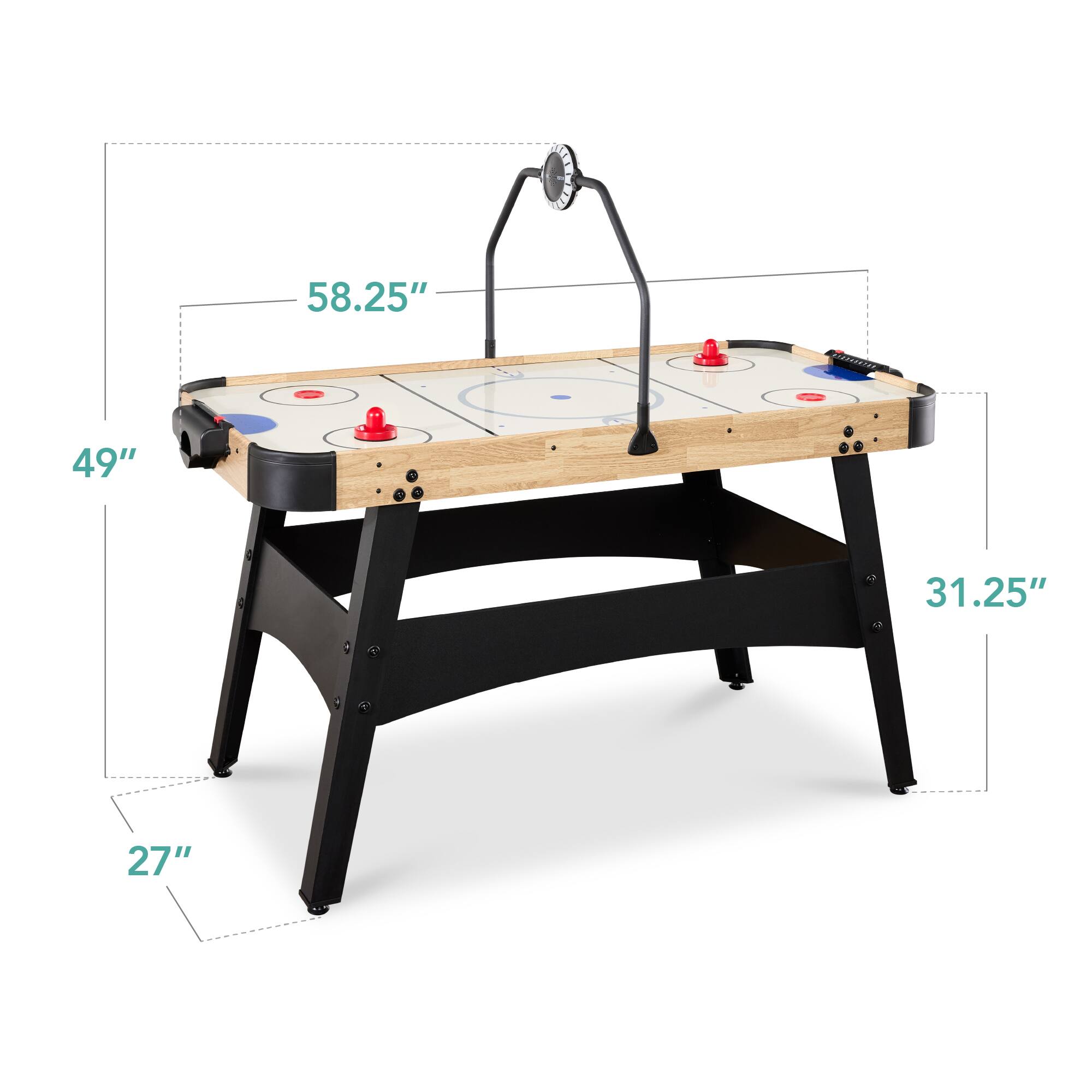 The dimensions of the table are:

- Length: 58.25"
- Width: 49"
- Height: 31.25"
- Depth: 27"