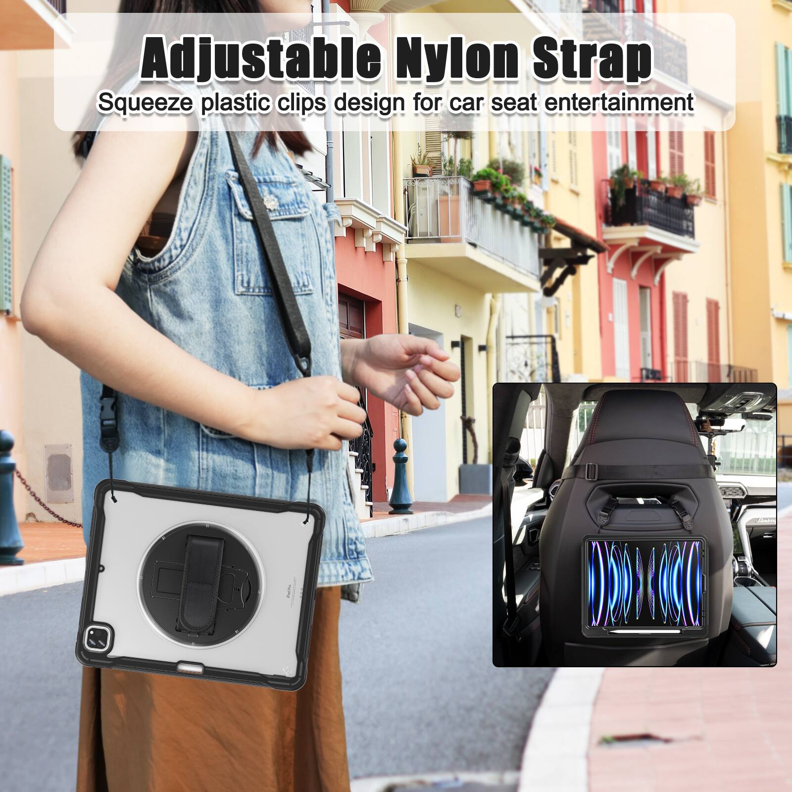Adjustable Nylon Strap  
Squeeze plastic clips design for car seat entertainment