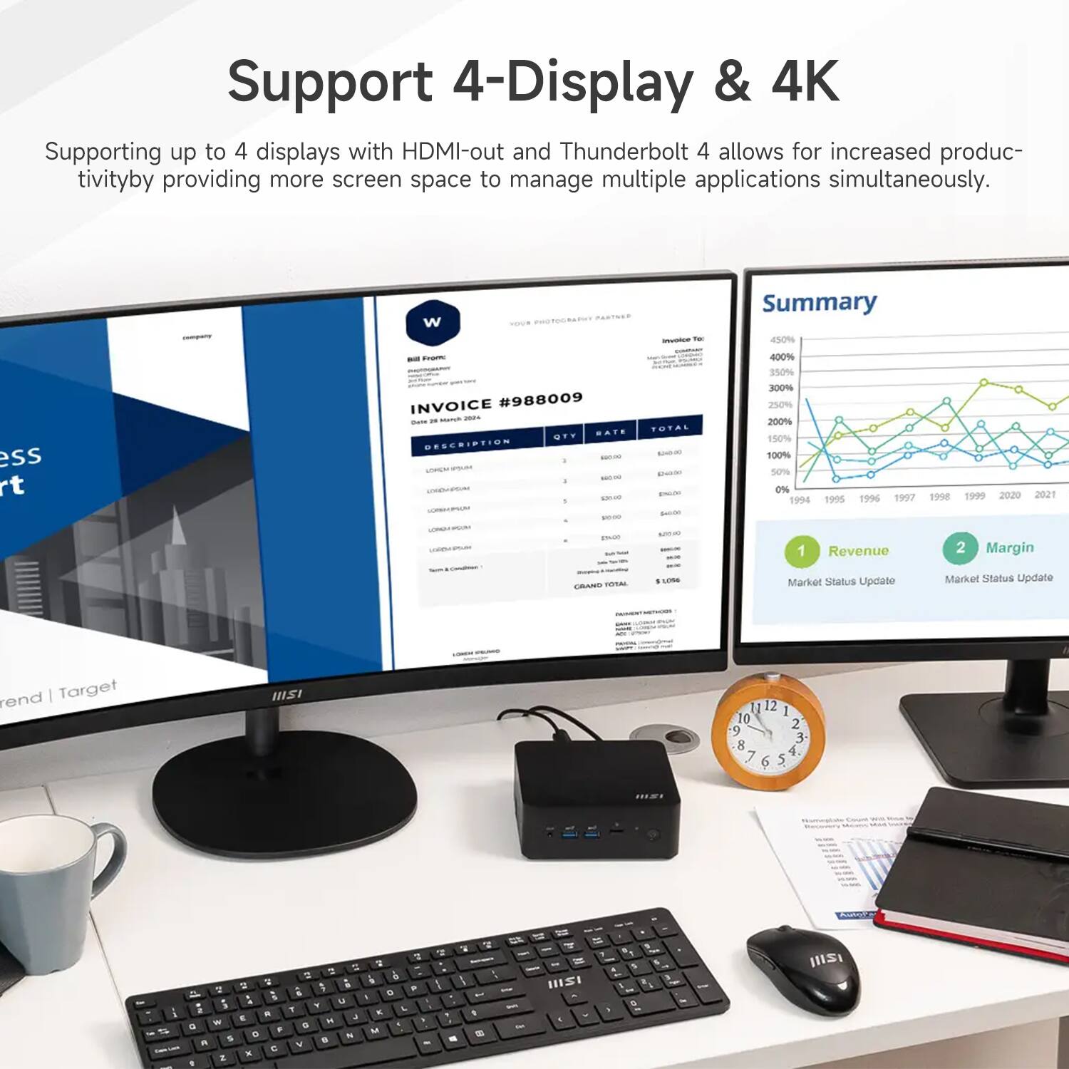 Support 4-Display & 4K  
Supporting up to 4 displays with HDMI-out and Thunderbolt 4 allows for increased productivity by providing more screen space to manage multiple applications simultaneously.

---

**Summary**  
40% less

---

**INVOICE #988009**  
- - - - - - - - - - - - - - - - - - - - - - - - - - - - - - - - - - - - - - - - - - - - - - - - - - - - - - - - - - - - - - - - - - - - - - - - - - - - - - - - - - - - - - - - - - - - - - - - - - - - - - - - - - - - - - - - - - - - - - - - - - - - - - - - - - - - - - - - - - - - - - - - - - - - - - - - - - - - - - - - - - - - - - - - - - - - - - - - - - - - - - - - - - - - - - - - -