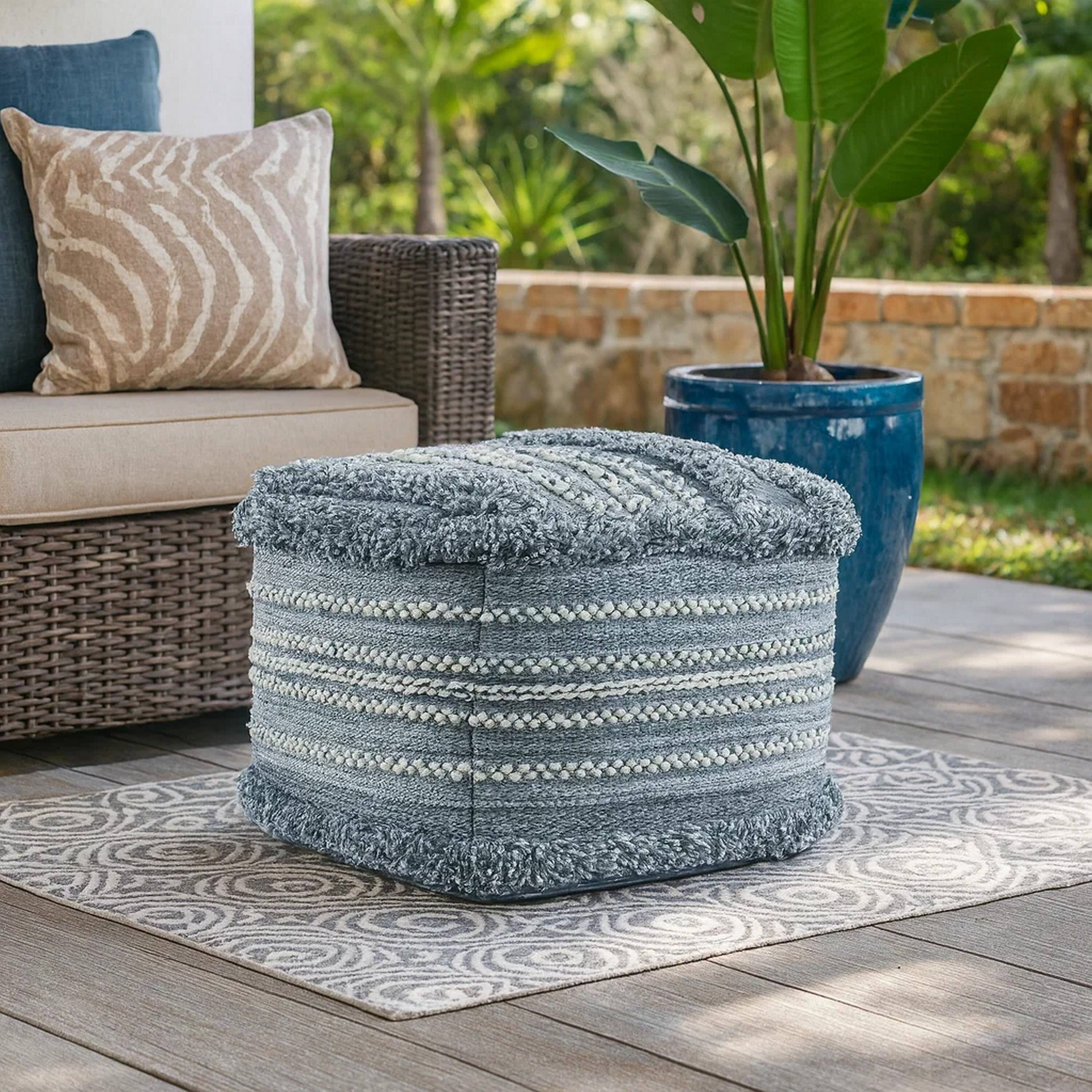Alt View 3. Manhattan Lane - Square Ottoman Pouf, 18 Inch Blue Polyester, Boho Knitted Texture - Blue.