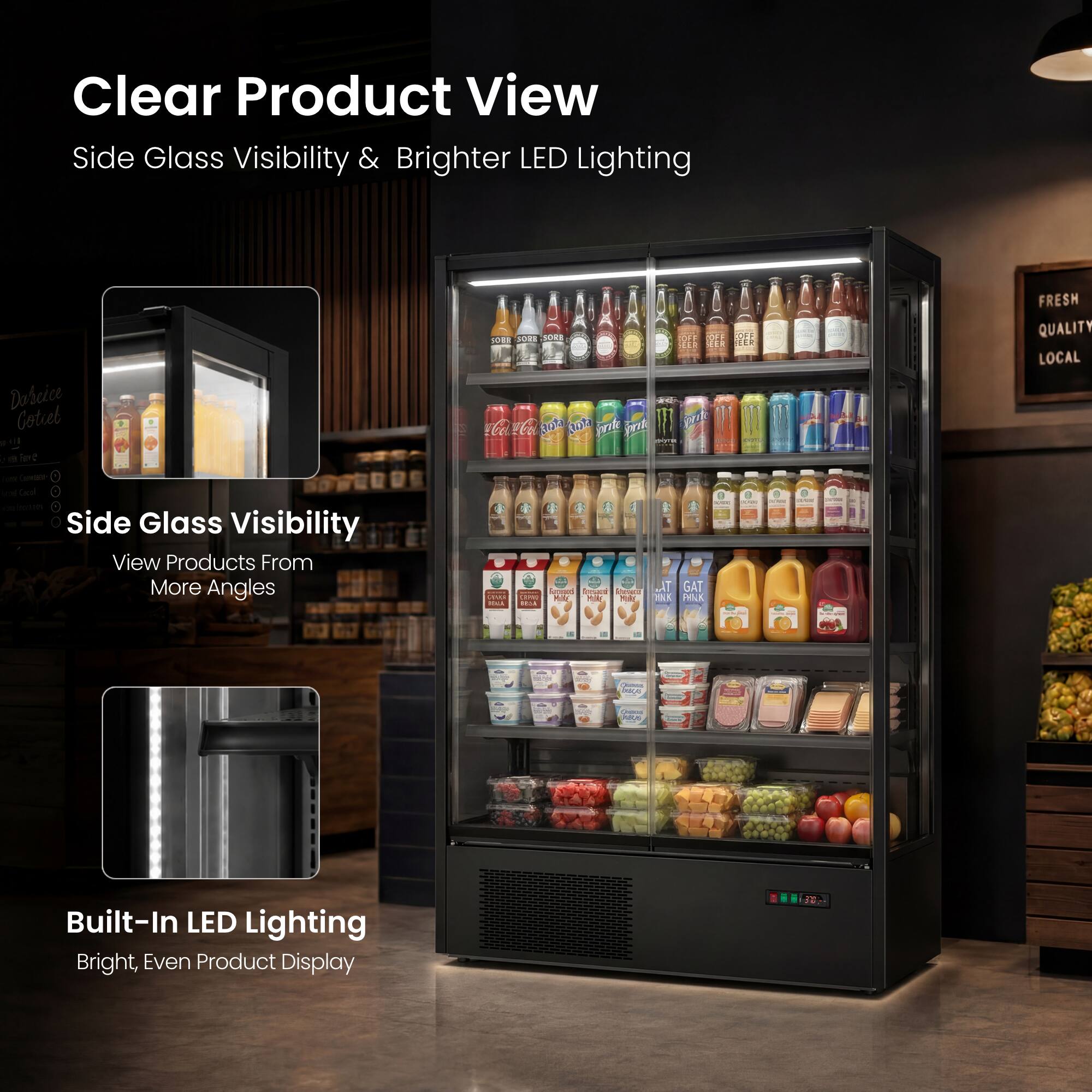 Clear Product View  
Side Glass Visibility & Brighter LED Lighting

Side Glass Visibility  
View Products From More Angles

Built-In LED Lighting  
Bright, Even Product Display
