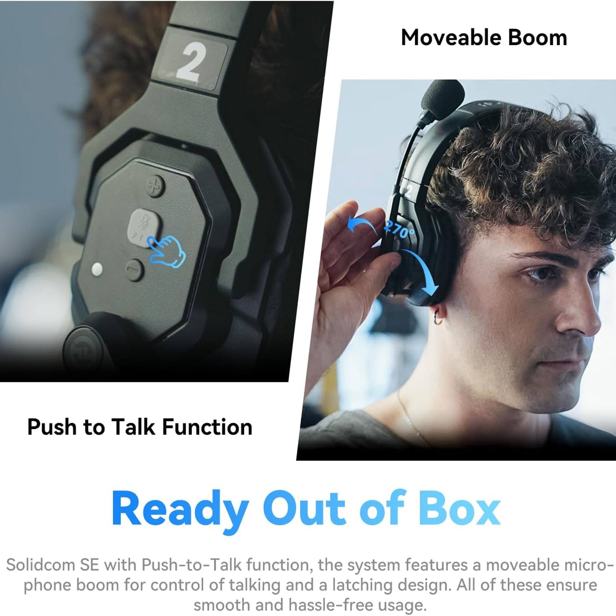 Sure, here is the corrected and grouped text:

---

**Moveable Boom**

**Push to Talk Function**

**Ready Out of Box**

Solidcom SE with Push-to-Talk function, the system features a moveable microphone boom for control of talking and a latching design. All of these ensure smooth and hassle-free usage.

---

**2**

**270°**