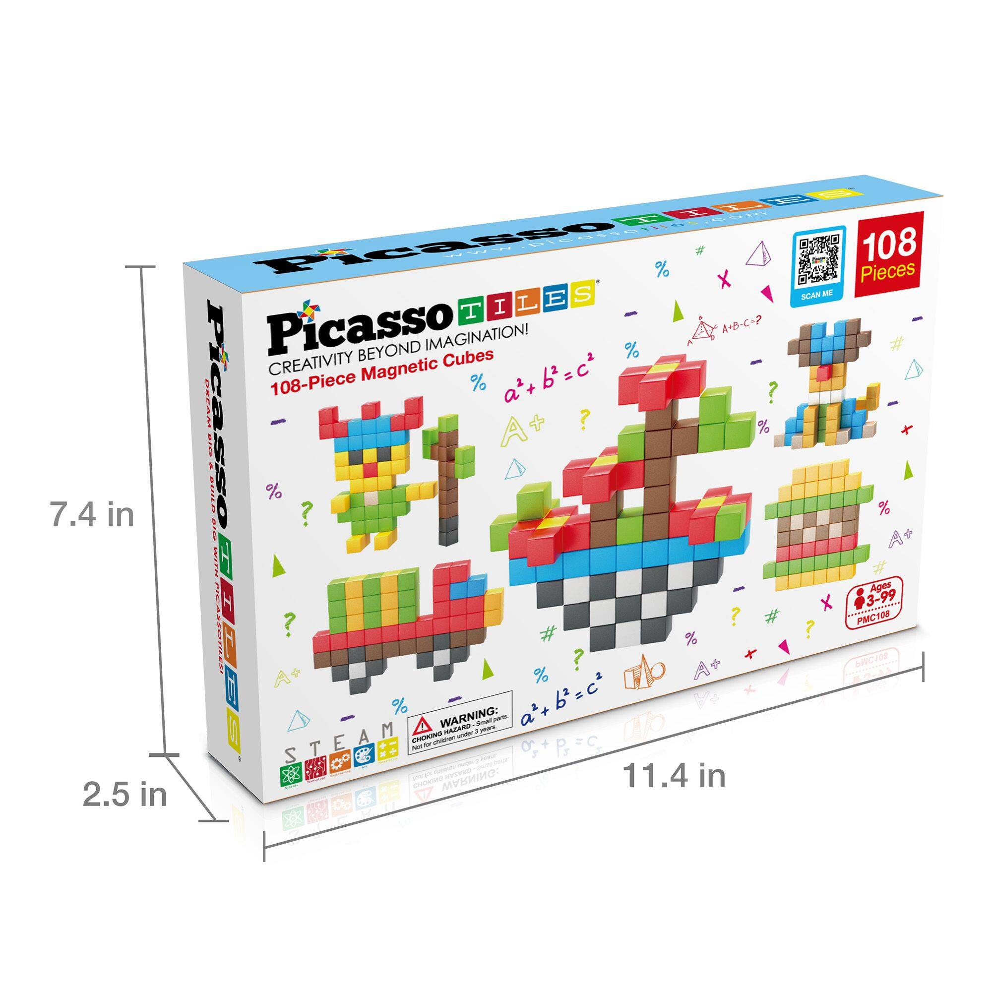 TOHE Picasso 108 Pieces S SCAN - L E T I Picasso BEYOND IMAGINATION! Cubes % A+B-C-2 CREATIVITY Magnetic  Sdn 108-Piece % a+b=c2 1 + ? - ? % -- casso i % % 7.4 in ? A1O SUS2E ! Ages vOT M 111010 3-99 ? ? PMO ? dandes % ? M M 7  W % + - A WARNING: CHOKING HAZARD! NOT FOR CHILDREN UNDER 3 YEARS OLD 11.4 in 2.5 in