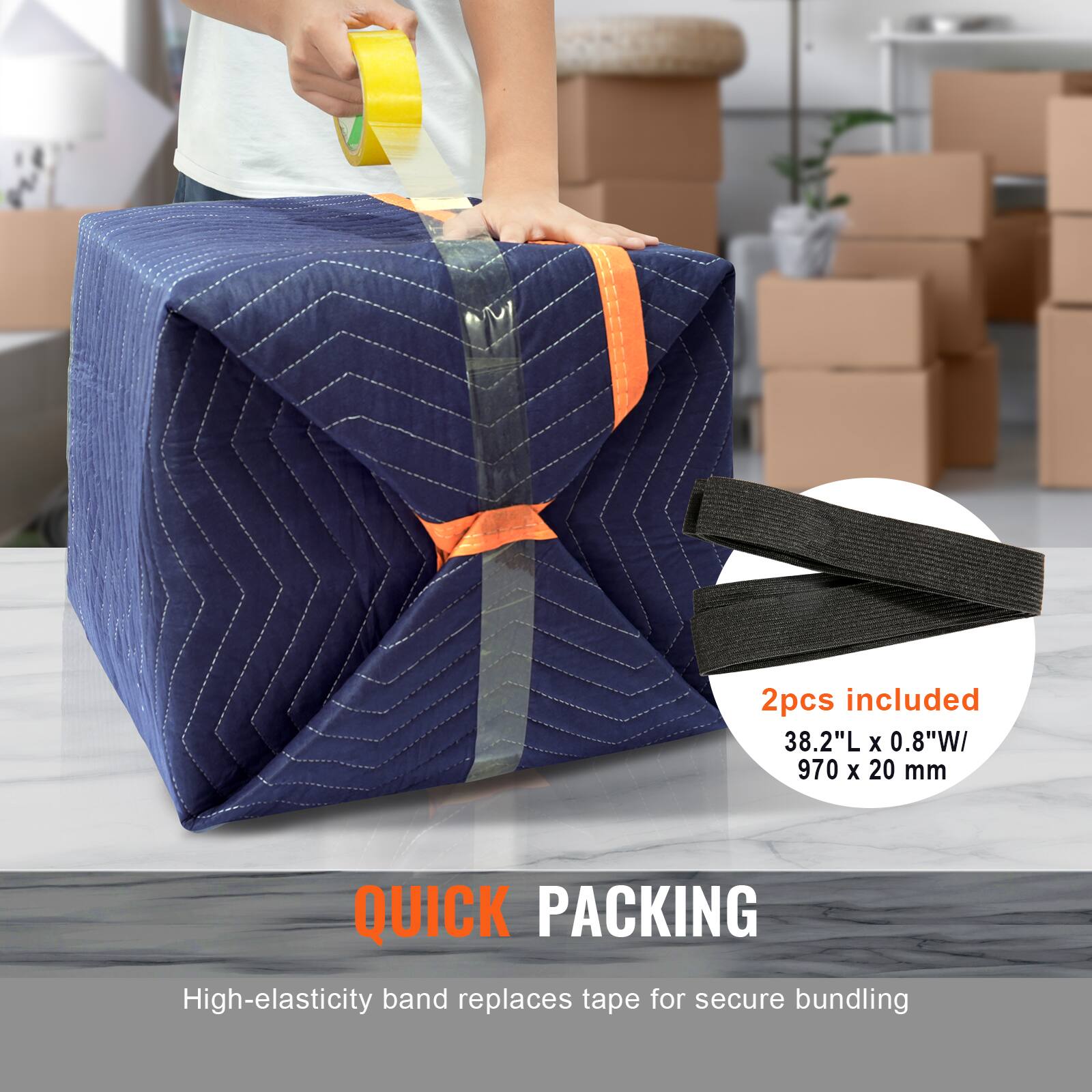 2pcs included  
38.2"L x 0.8"W / 970 x 20 mm  

QUICK PACKING  
High-elasticity band replaces tape for secure bundling