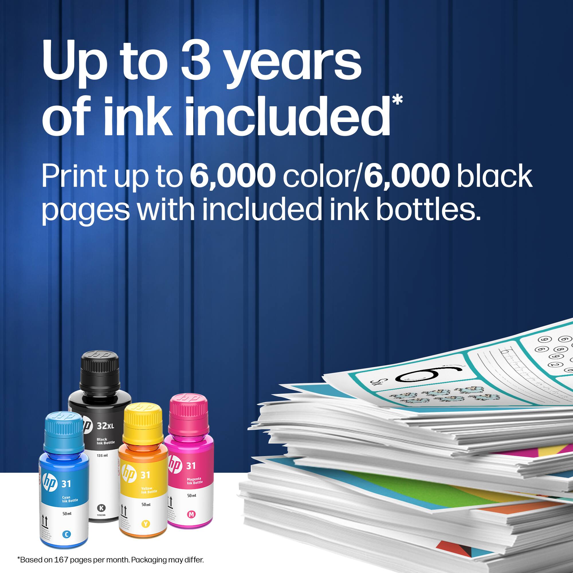 Up to 3 years of ink included*  
Print up to 6,000 color/6,000 black pages with included ink bottles.  
*Based on 167 pages per month. Packaging may differ.