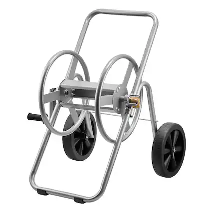 Front. VEVOR - Water Hose Reel Cart, 200/300 ft High-Pressure Garden Hose Cart,with Two Wheels, Handle & Heavy-Duty Mesh Storage Basket - Silver.