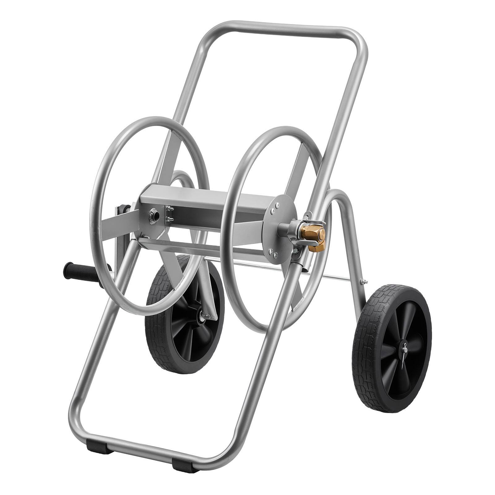 Front. VEVOR - Water Hose Reel Cart, 200/300 ft High-Pressure Garden Hose Cart,with Two Wheels, Handle & Heavy-Duty Mesh Storage Basket - Silver.