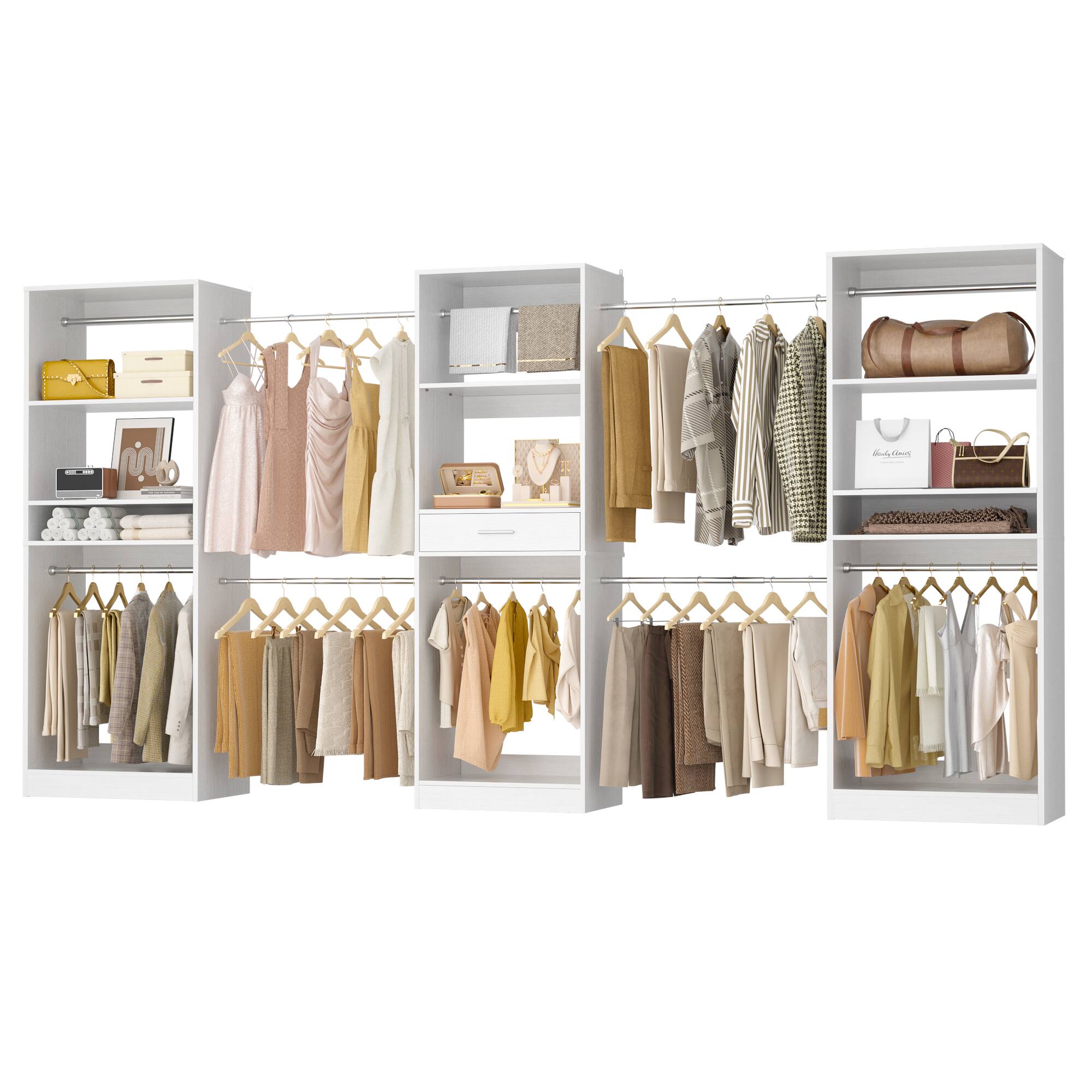 Angle. Aheaplus - 70.5'' - 146'' Wide Adjustable Closet Organizer System with 10 Hanging Rods, Drawer and Adjustable Shelves - White.