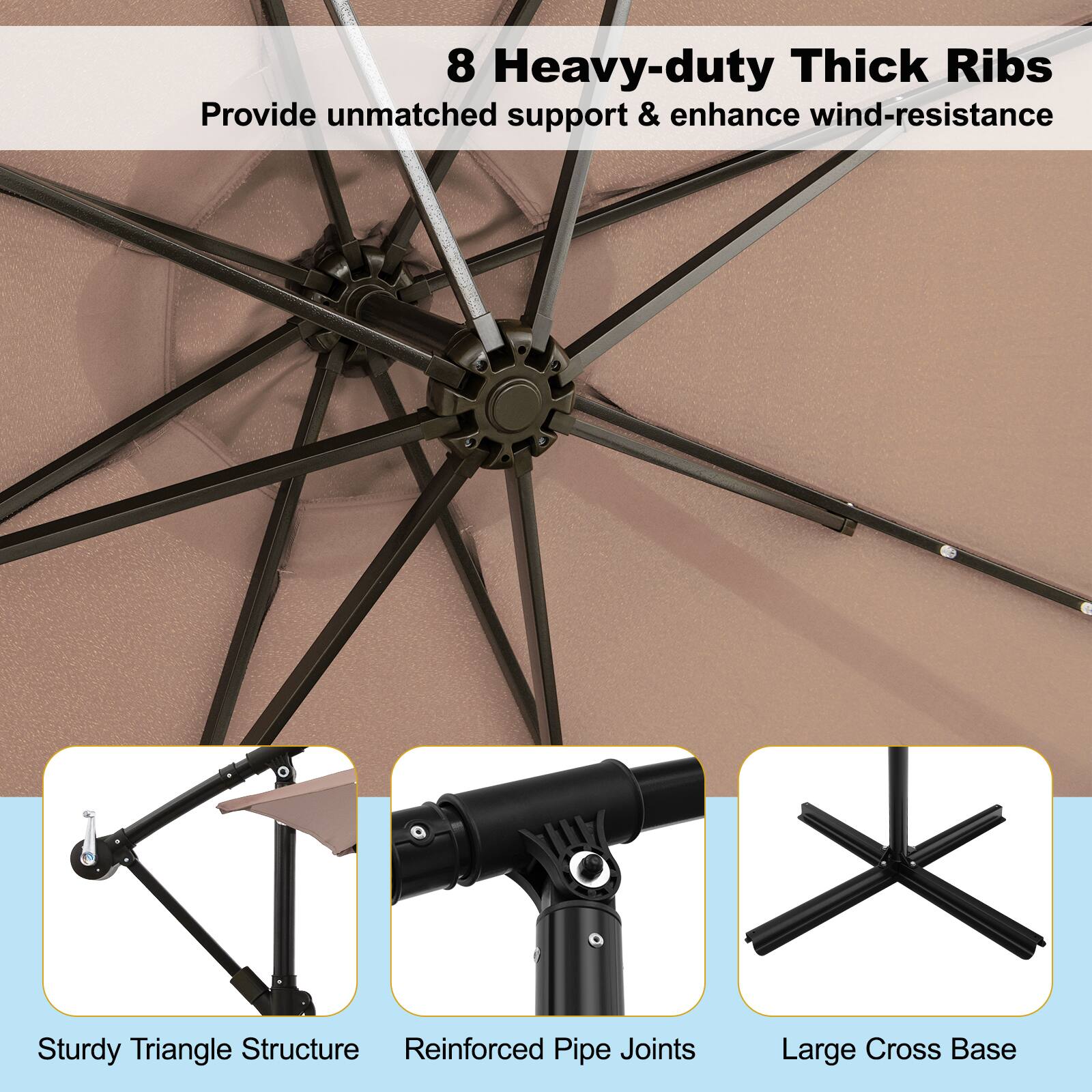 The image features a large umbrella with a sturdy triangle structure, providing unmatched support and enhanced wind resistance. The umbrella has eight heavy-duty thick ribs, reinforced pipe joints, and a large cross base for added stability. The umbrella is designed to withstand strong winds and provide reliable protection from the elements.