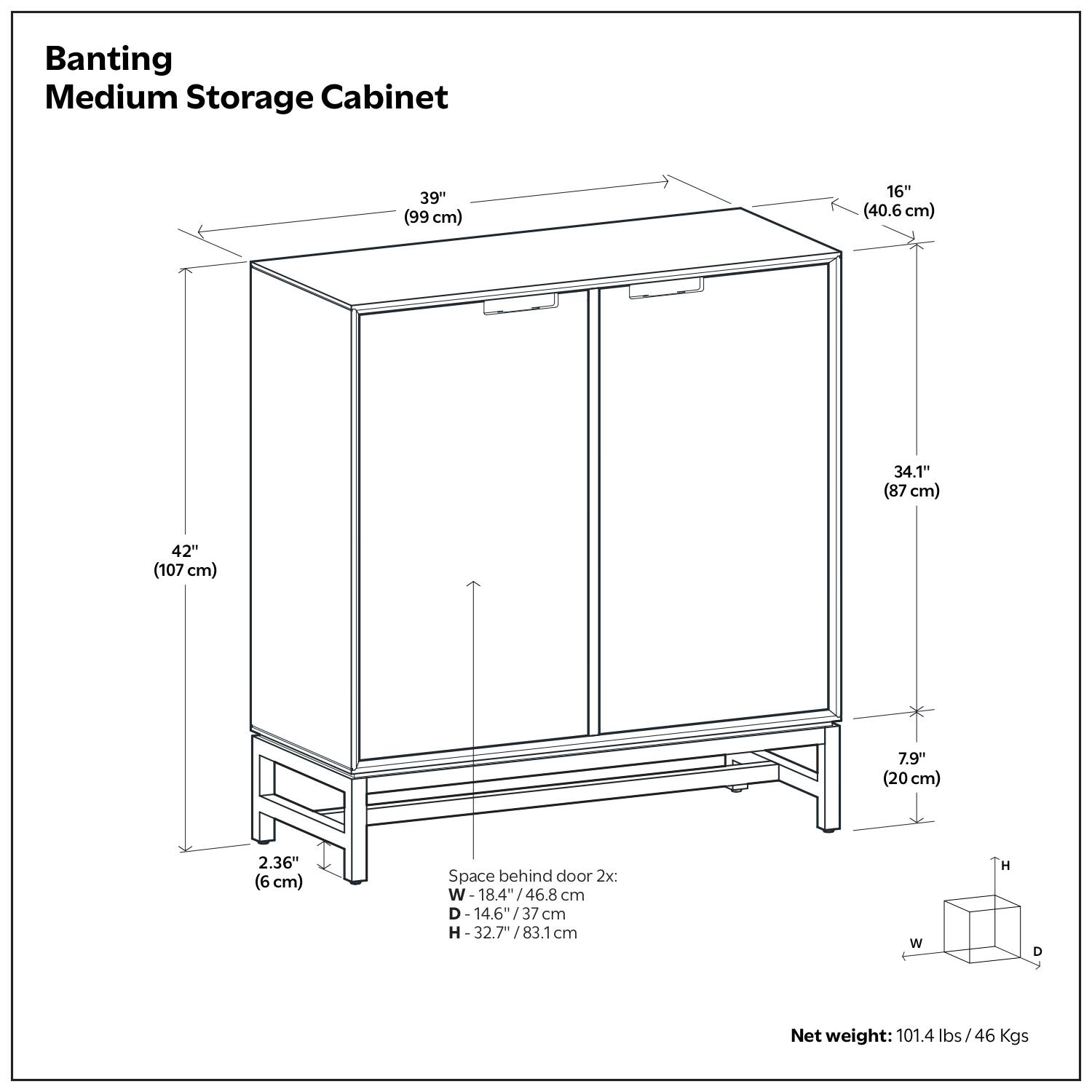 Banting Medium Storage Cabinet

Dimensions:
- Width: 39" (99 cm)
- Depth: 16" (40.6 cm)
- Height: 42" (107 cm)
- Shelf Depth: 34.1" (87 cm)
- Shelf Height: 7.9" (20 cm)
- Shelf Thickness: 2.36" (6 cm)
- Space behind door: 
  - Width: 18.4" (46.8 cm)
  - Depth: 14.6" (37 cm)
  - Height: 32.7" (83.1 cm)

Net Weight: 101.4 lbs (46 kg)
