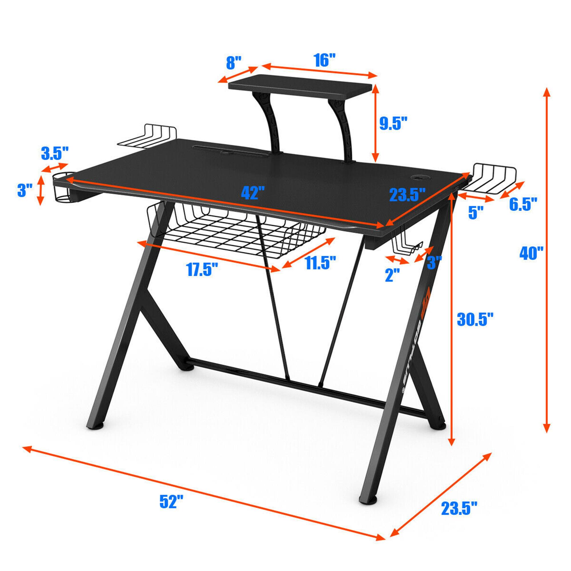 The text on the image is grouped as follows:

- Length: 52"
- Width: 42"
- Height: 30.5"
- Legs: 23.5"
- Tabletop: 16" (height), 8" (depth)
- Side shelf: 11.5"
- Legs: 17.5"
- Side shelf: 6.5"
- Legs: 5"
- Legs: 3"
- Legs: 2"