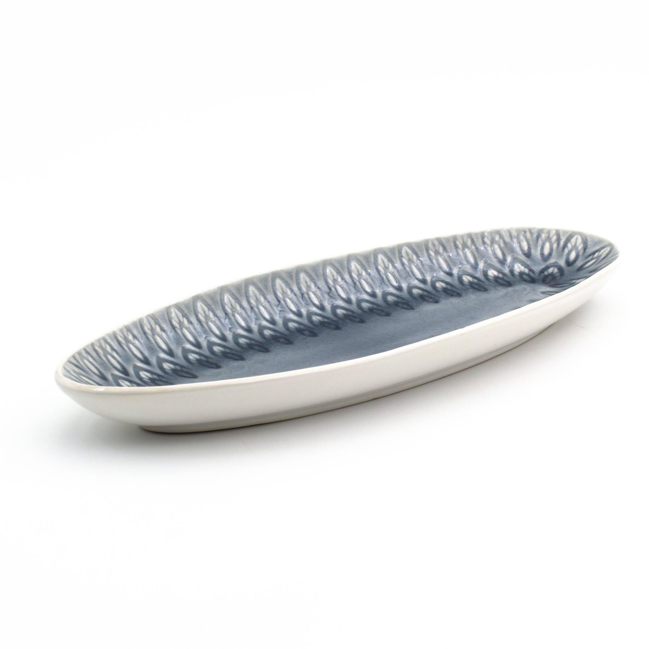 Angle. Euro Ceramica Home - Peacock Stoneware Appetizer Serving Tray -- Grey - Grey.