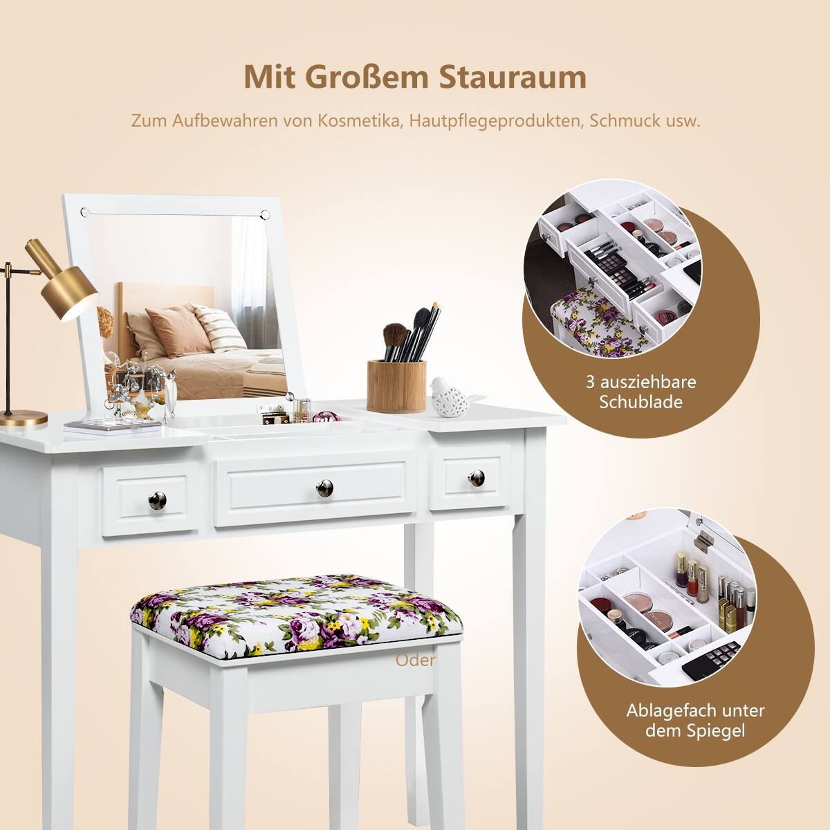 Mit großem Stauraum, Zum Aufbewahren von Kosmetika, Hautpflegeprodukten, Schmuck usw., 3 ausziehbare Schublade, Oder Ablagefach unter dem Spiegel.