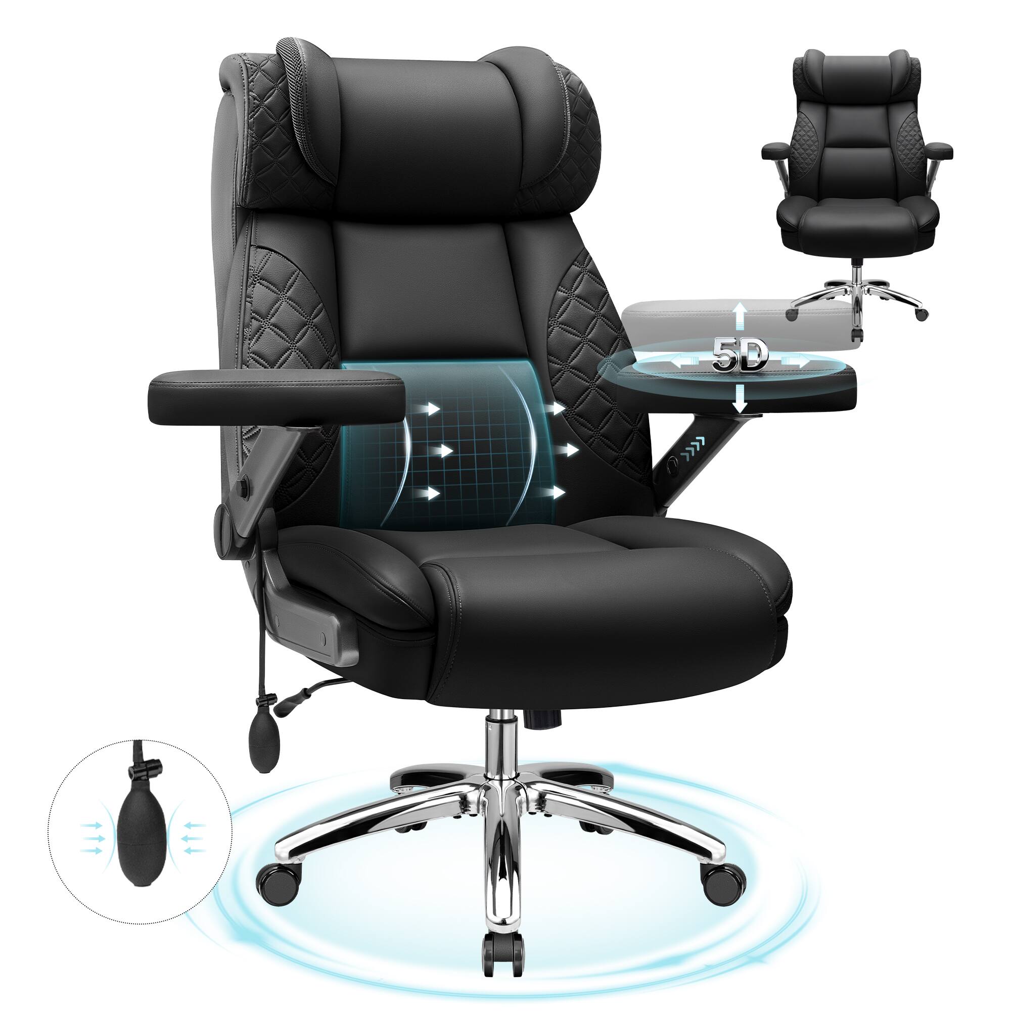 Angle. Brick Attic - 500lbs Big&Tall Executive Office Chair,High Back Ergonomic  Computer Chair with Adjustable Lumbar Support &5D Flip Arms - Black.