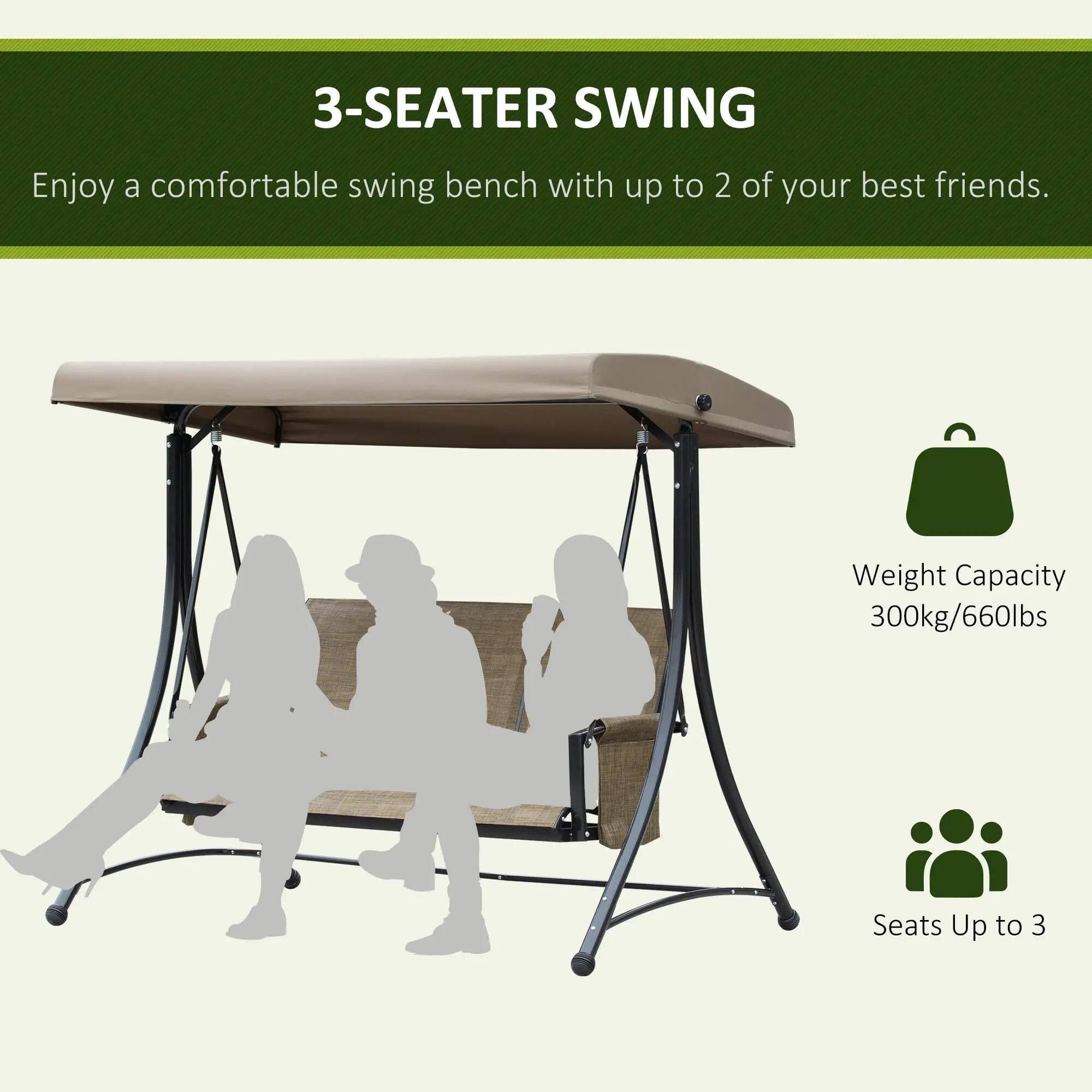 3-Seater Swing

Enjoy a comfortable swing bench with up to 2 of your best friends.

Weight Capacity: 300kg/660lbs

Seats Up to 3