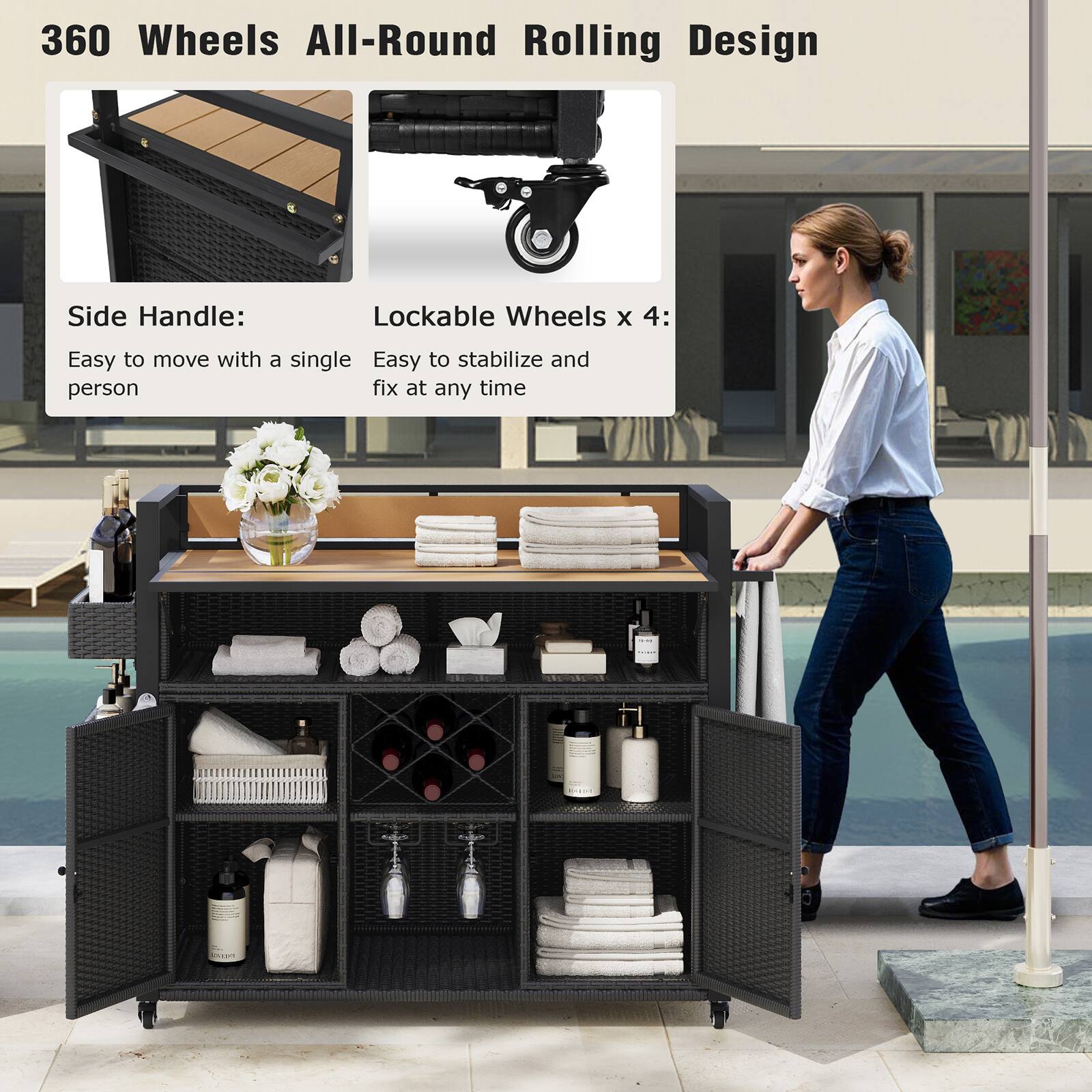 360 Wheels All-Round Rolling Design

Side Handle:
- Easy to move with a single person

Lockable Wheels x 4:
- Easy to stabilize and fix at any time