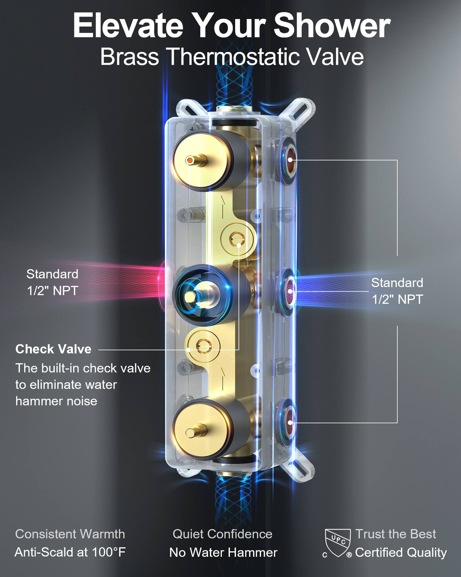Elevate Your Shower  
Brass Thermostatic Valve  

Standard 1/2" NPT  
Standard 1/2" NPT  

Check Valve  
The built-in check valve to eliminate water hammer noise  

Consistent Warmth  
Anti-Scald at 100°F  

Quiet Confidence  
No Water Hammer  

Trust the Best  
UPC Certified Quality